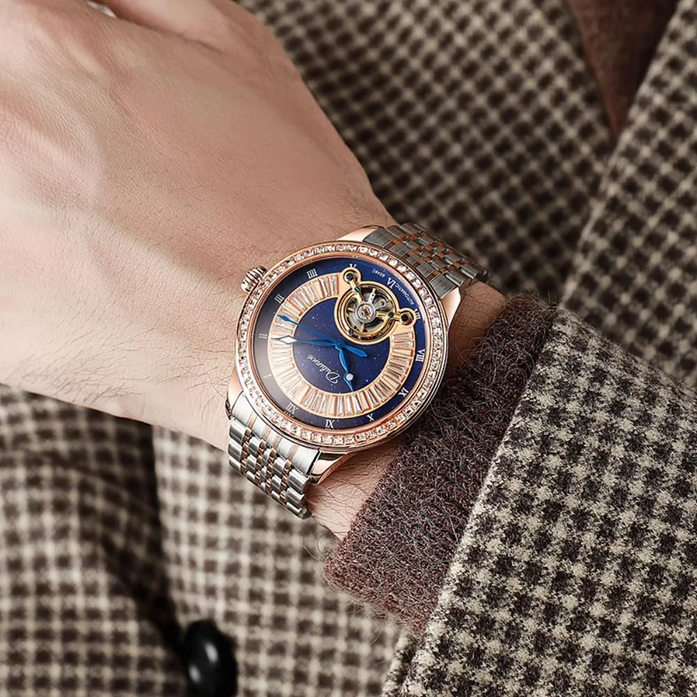 Elegant Hollow Tourbillon Automatic Mechanical Watches for Men Diamonds Blue Dial Luminous Waterproof Stainless Steel Business Wristwatch