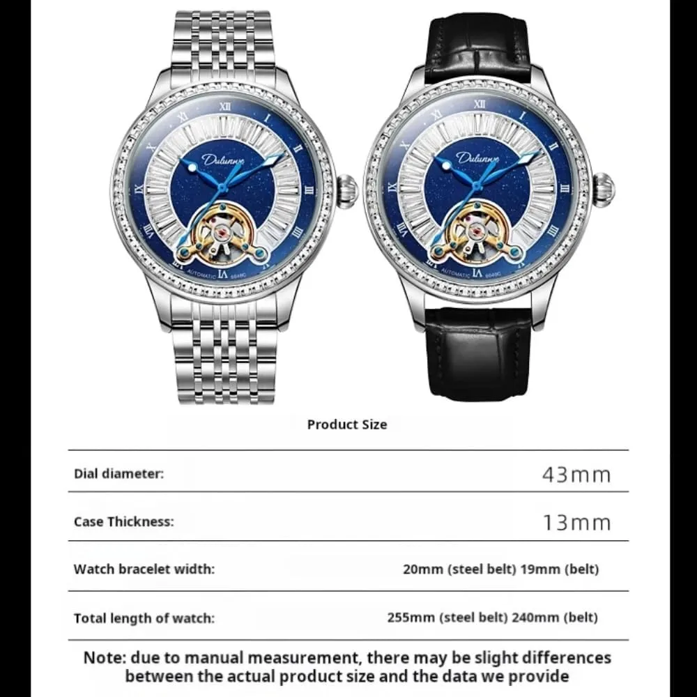 Elegant Hollow Tourbillon Automatic Mechanical Watches for Men Diamonds Blue Dial Luminous Waterproof Stainless Steel Business Wristwatch