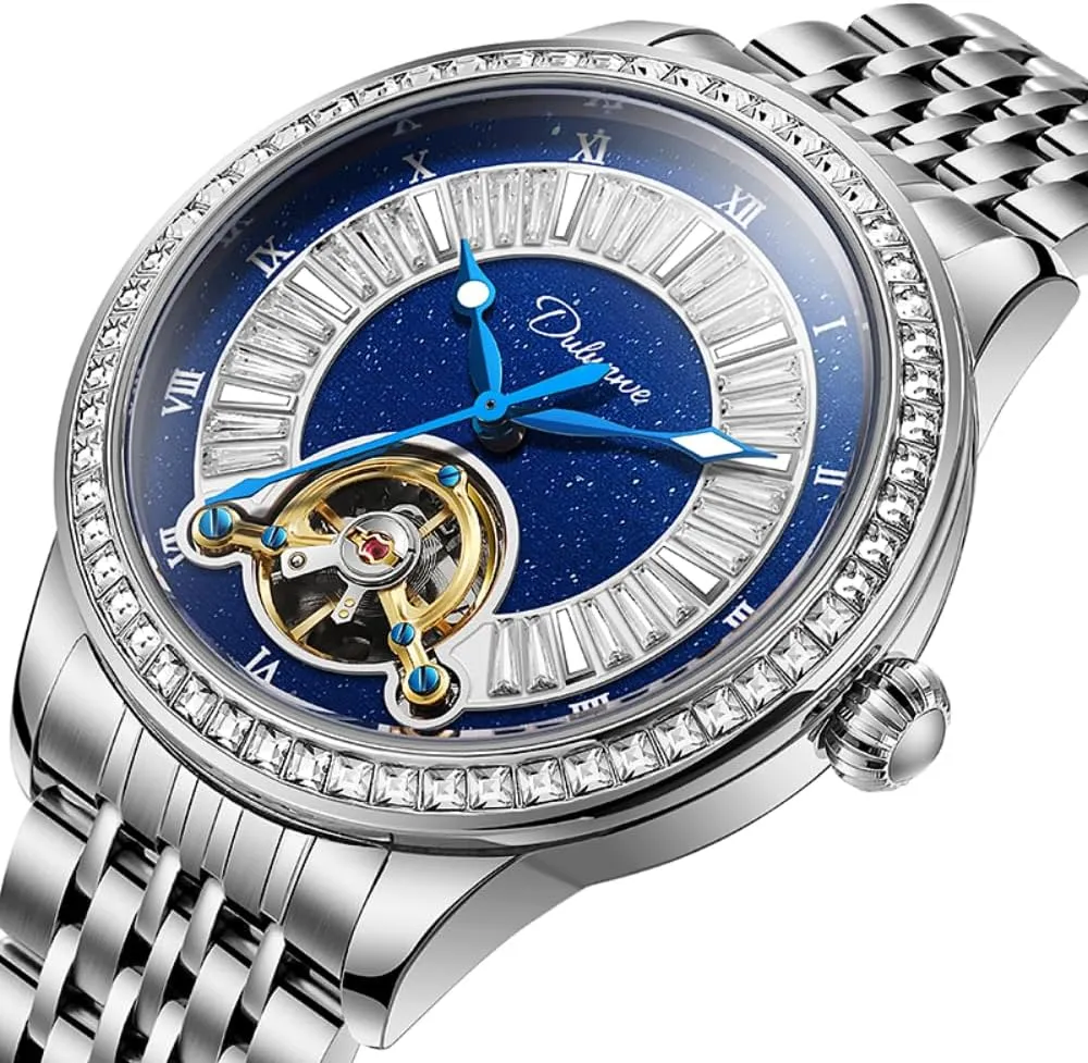 Elegant Hollow Tourbillon Automatic Mechanical Watches for Men Diamonds Blue Dial Luminous Waterproof Stainless Steel Business Wristwatch