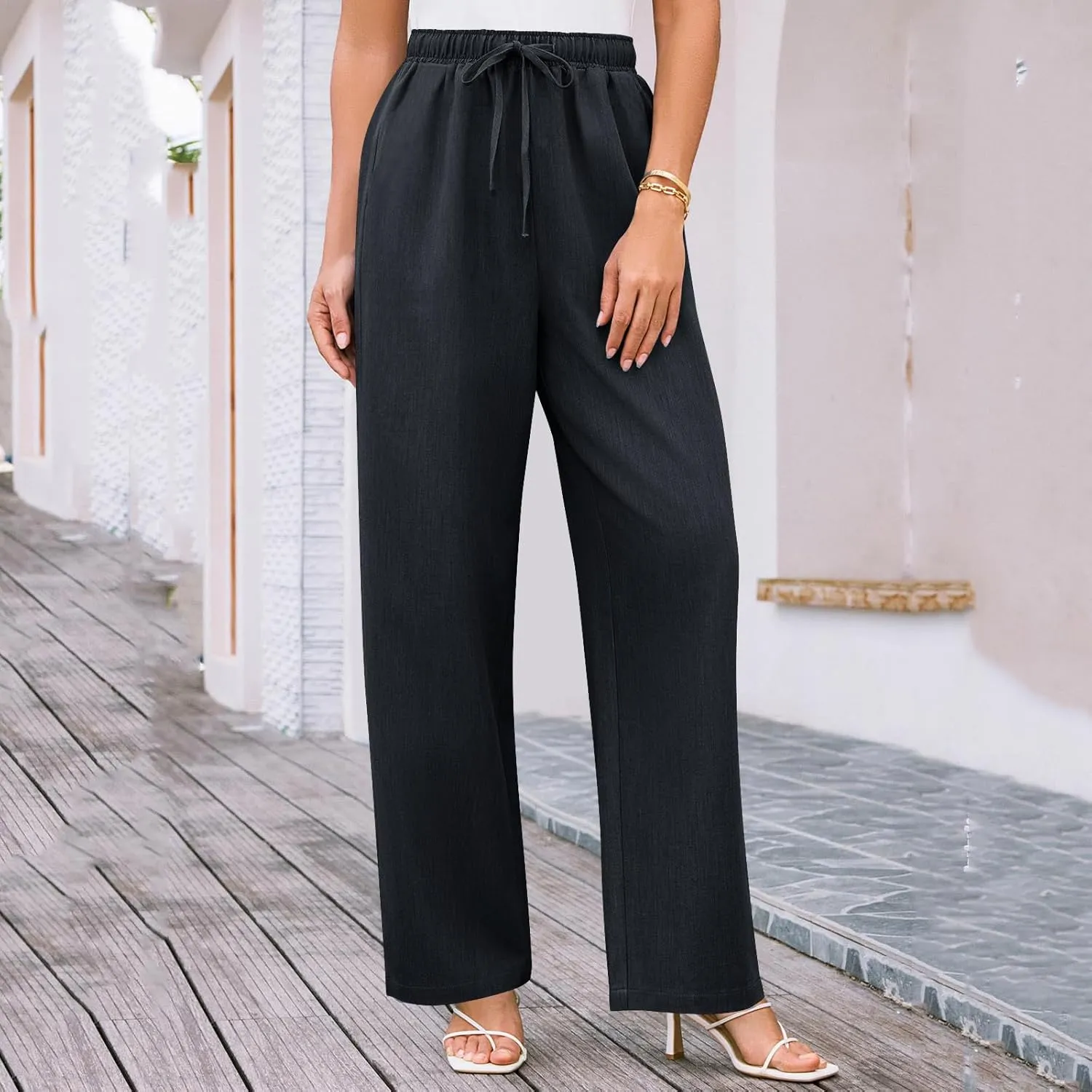 Elegant Linen Pants Women Summer 2025 Stylish Versatile Business Casual Wide Leg High Waisted Women's Trousers