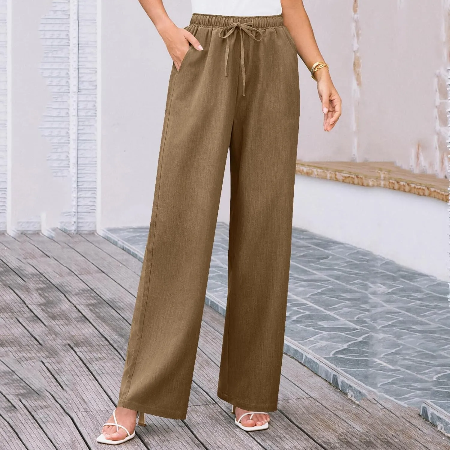Elegant Linen Pants Women Summer 2025 Stylish Versatile Business Casual Wide Leg High Waisted Women's Trousers