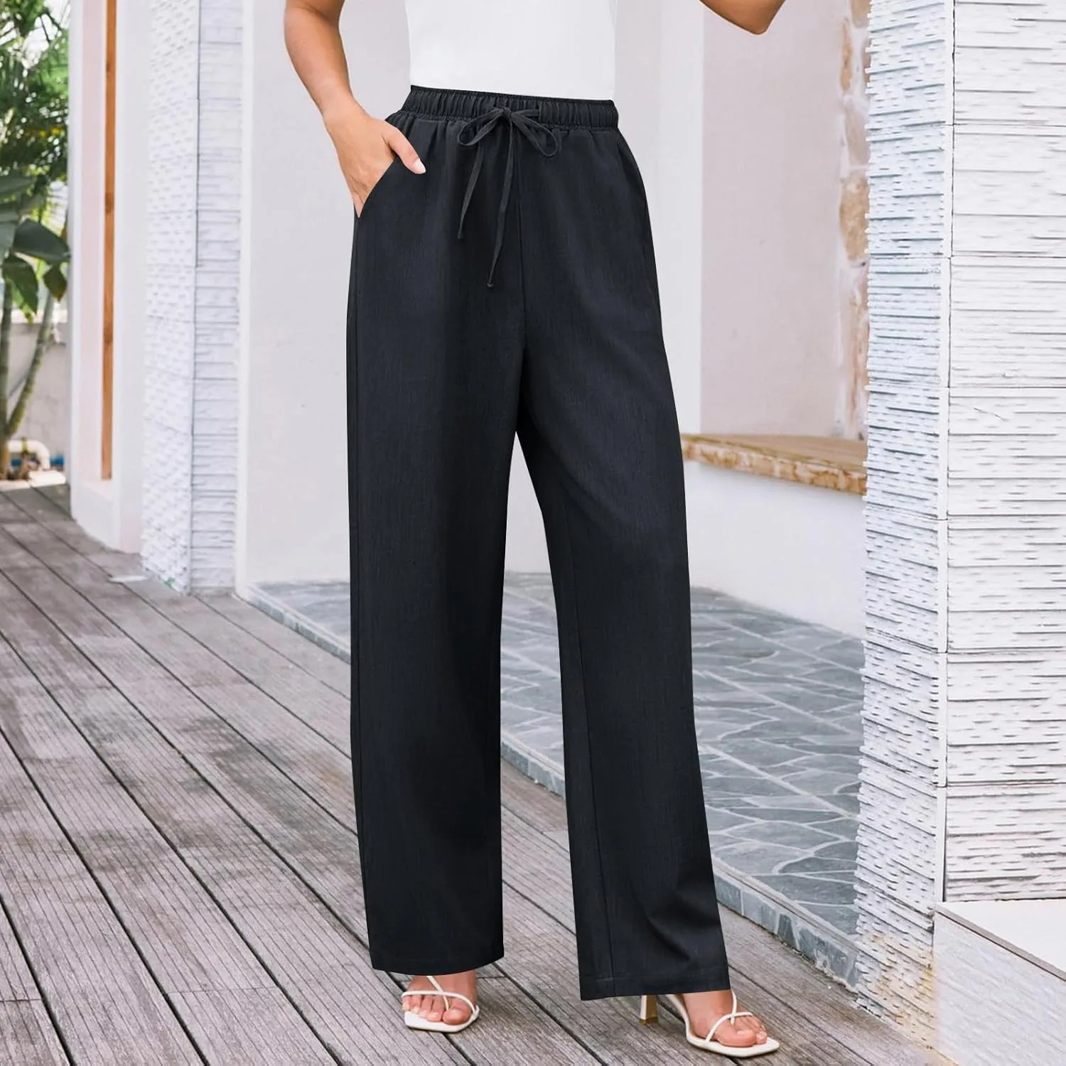 Elegant Linen Pants Women Summer 2025 Stylish Versatile Business Casual Wide Leg High Waisted Women's Trousers