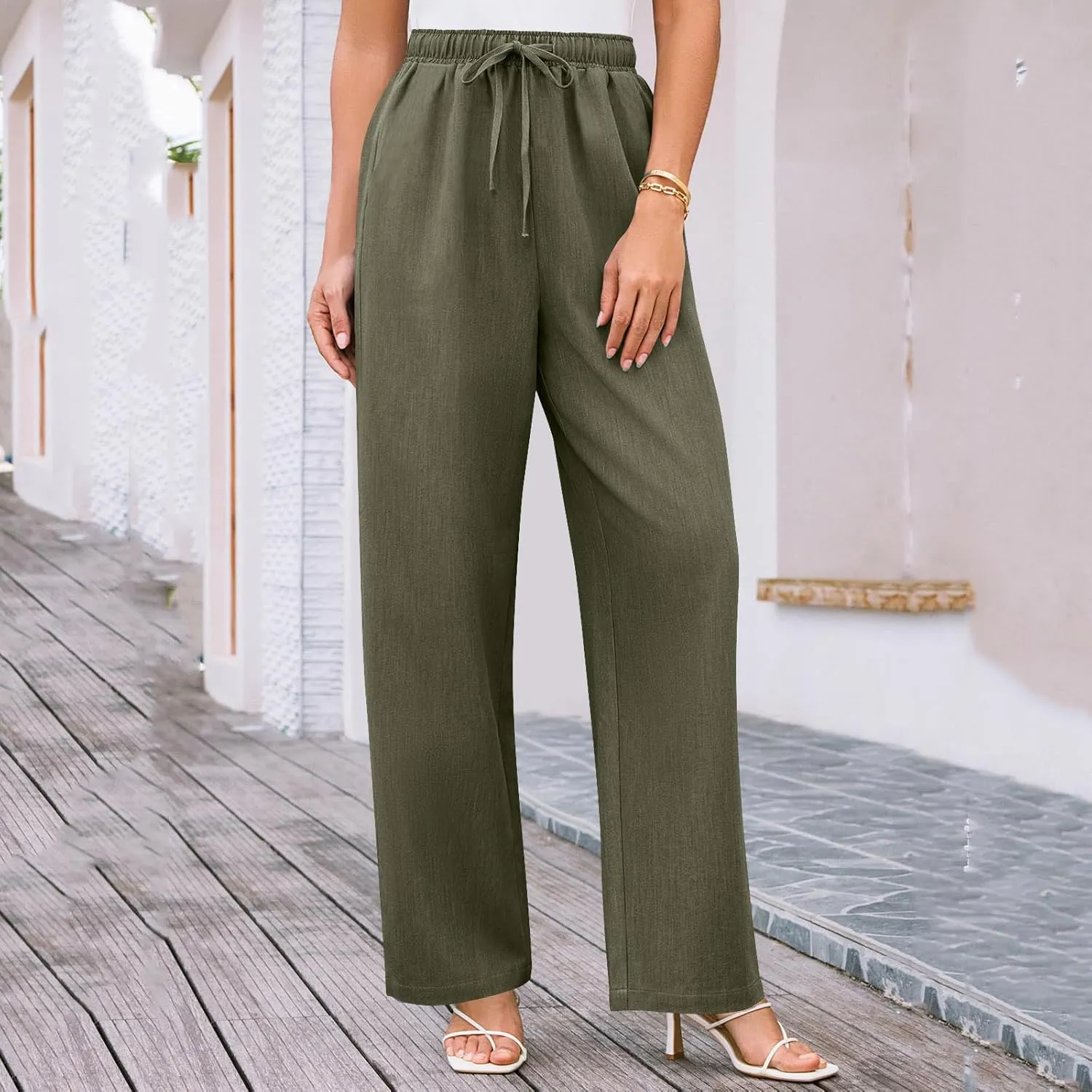 Elegant Linen Pants Women Summer 2025 Stylish Versatile Business Casual Wide Leg High Waisted Women's Trousers