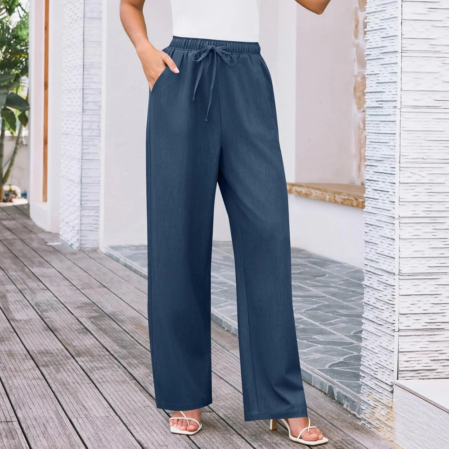 Elegant Linen Pants Women Summer 2025 Stylish Versatile Business Casual Wide Leg High Waisted Women's Trousers