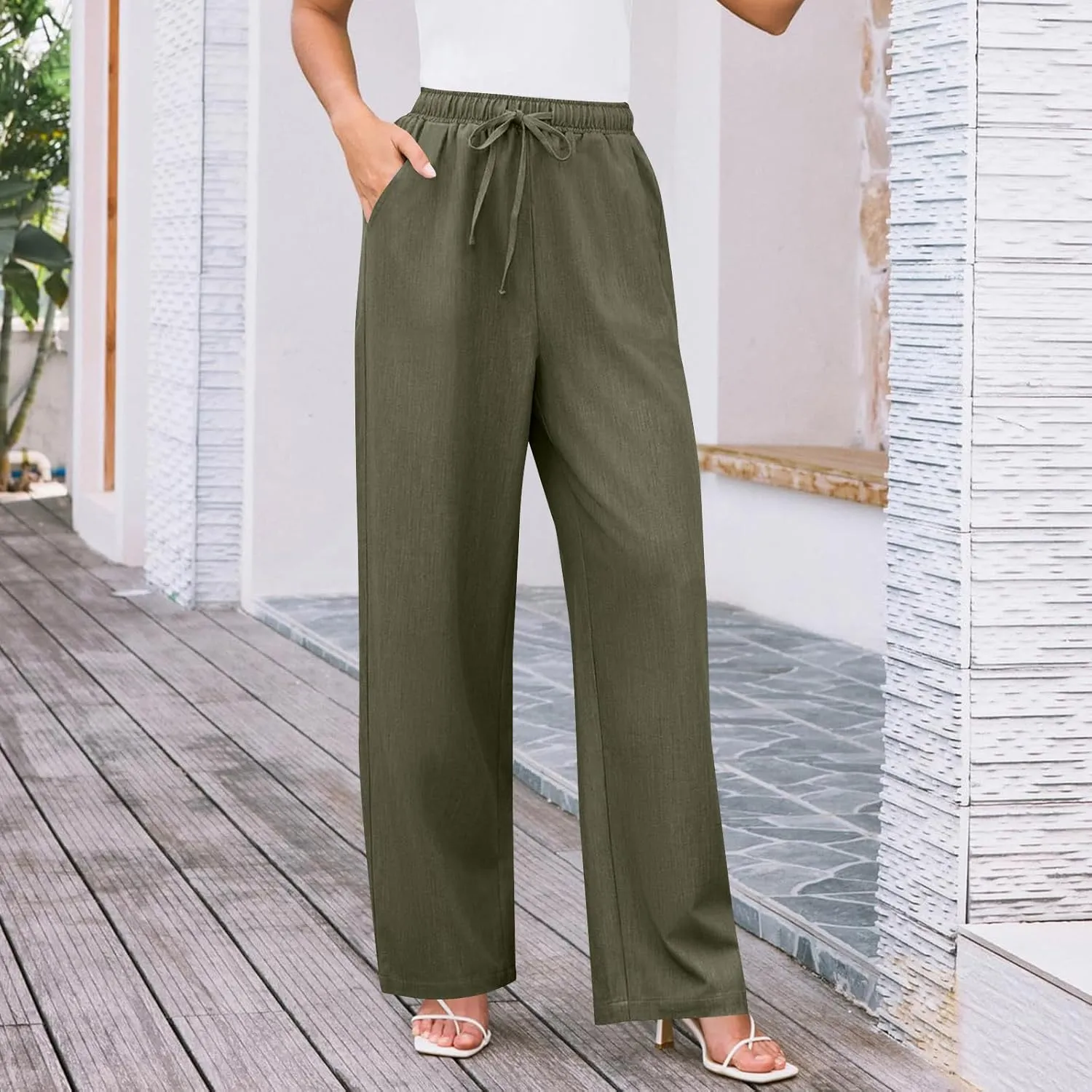 Elegant Linen Pants Women Summer 2025 Stylish Versatile Business Casual Wide Leg High Waisted Women's Trousers
