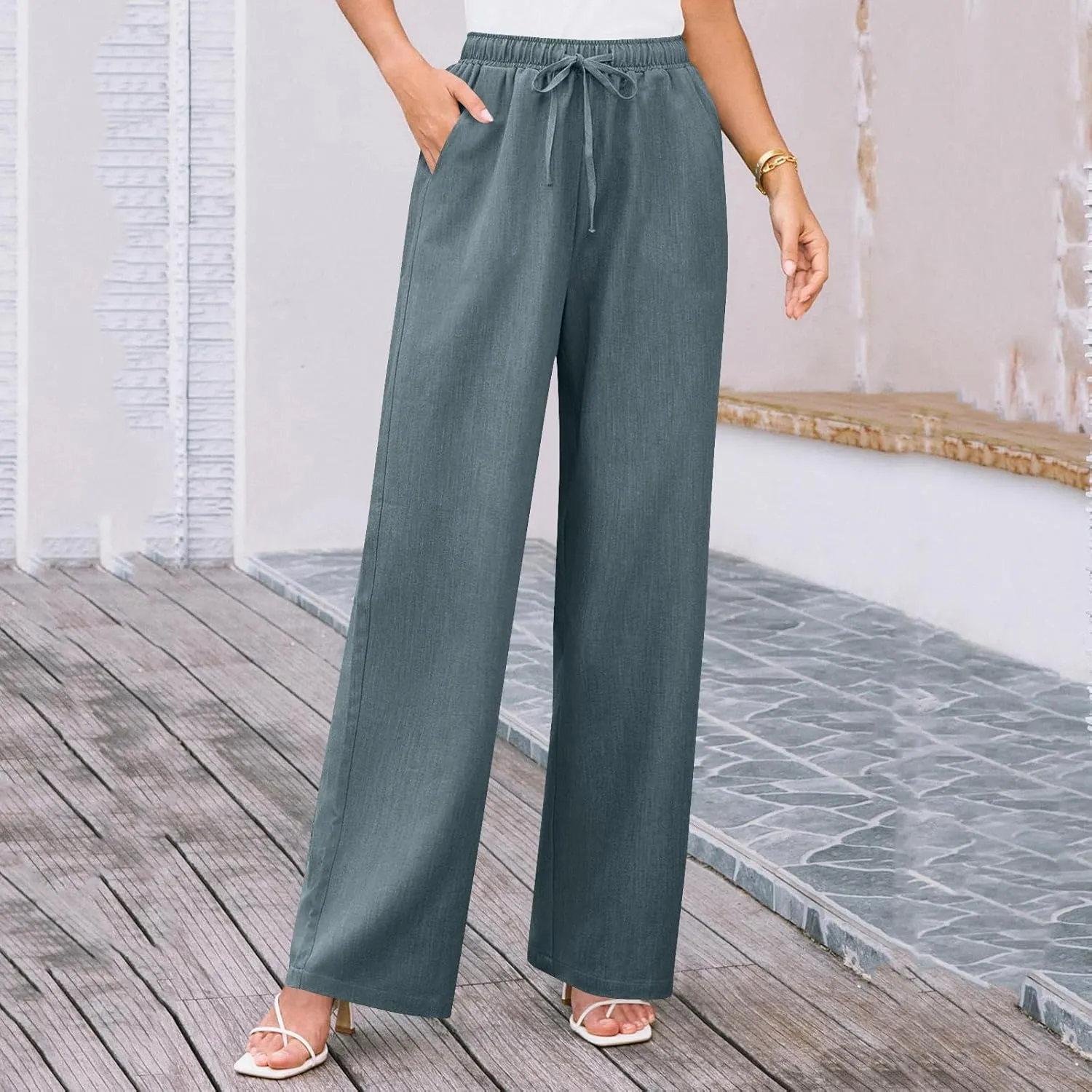 Elegant Linen Pants Women Summer 2025 Stylish Versatile Business Casual Wide Leg High Waisted Women's Trousers