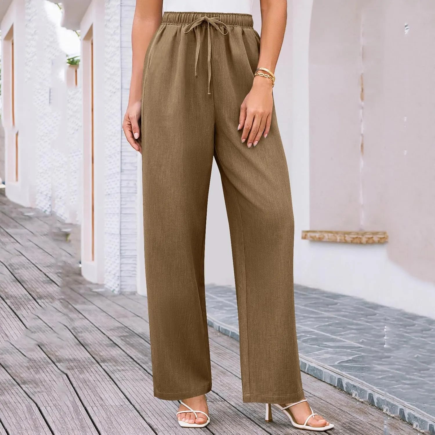 Elegant Linen Pants Women Summer 2025 Stylish Versatile Business Casual Wide Leg High Waisted Women's Trousers