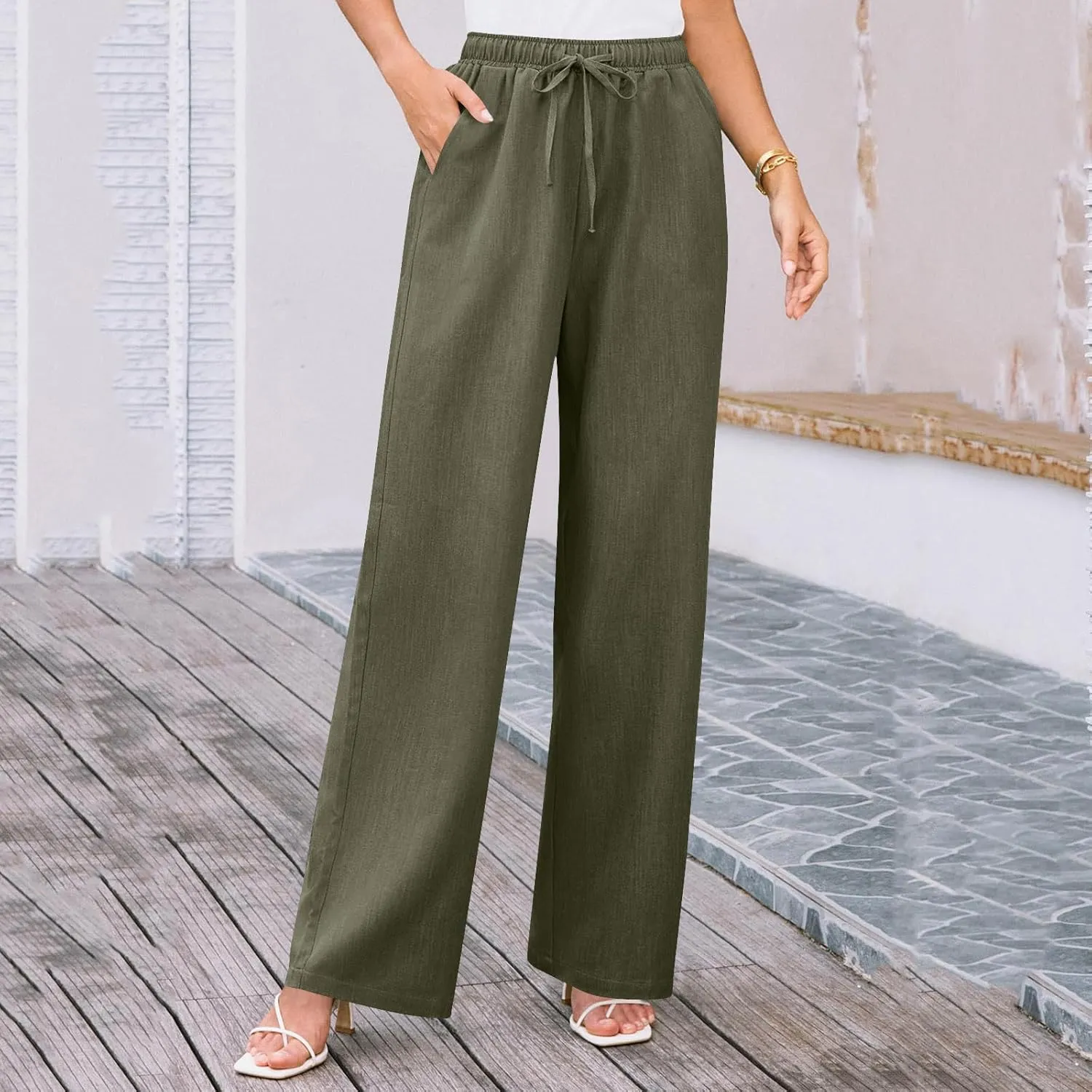 Elegant Linen Pants Women Summer 2025 Stylish Versatile Business Casual Wide Leg High Waisted Women's Trousers