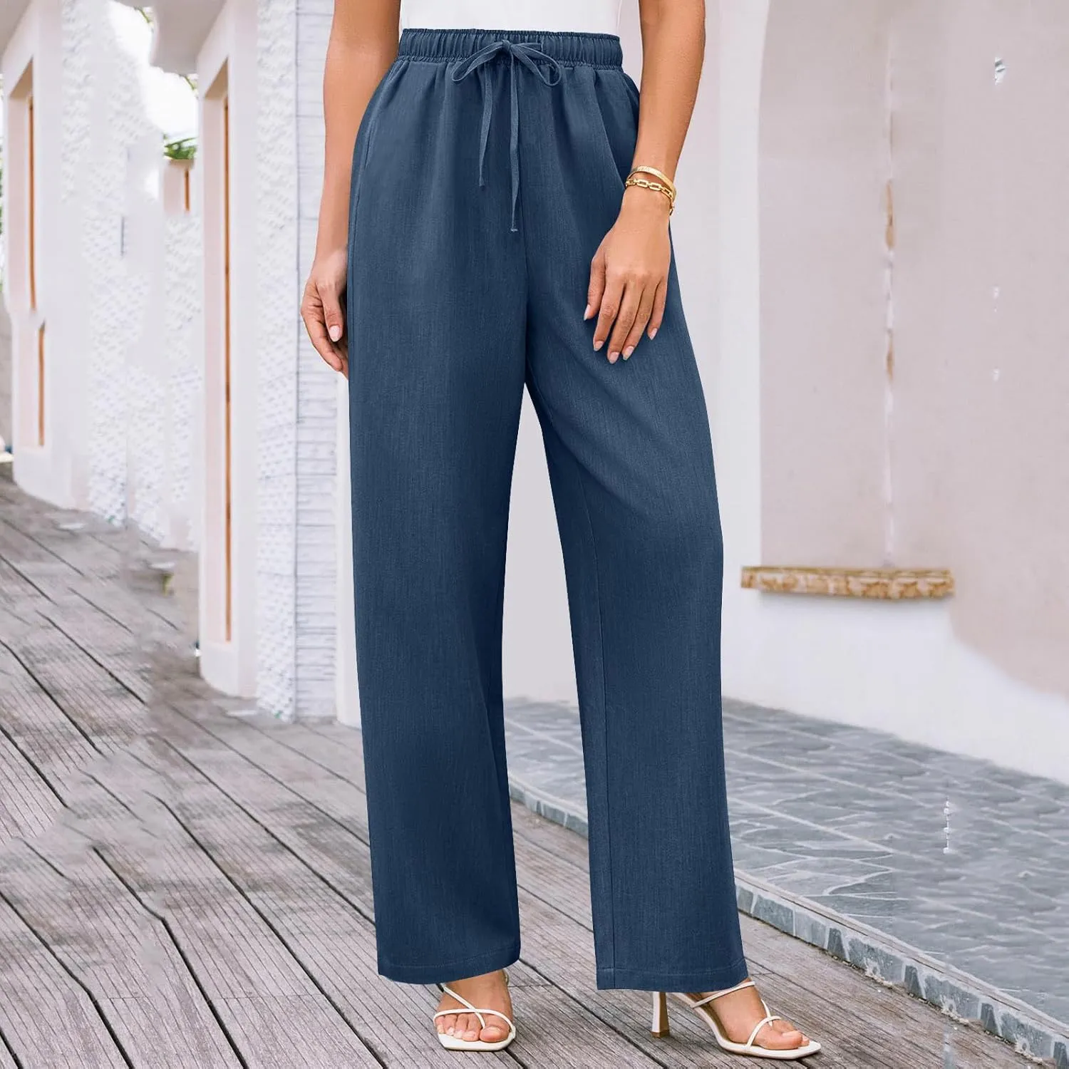 Elegant Linen Pants Women Summer 2025 Stylish Versatile Business Casual Wide Leg High Waisted Women's Trousers