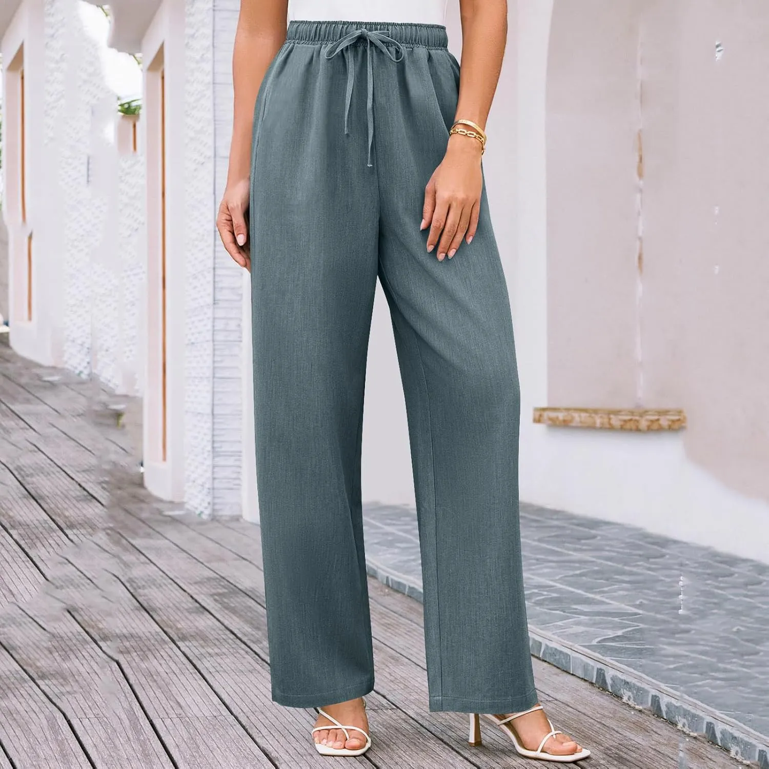 Elegant Linen Pants Women Summer 2025 Stylish Versatile Business Casual Wide Leg High Waisted Women's Trousers