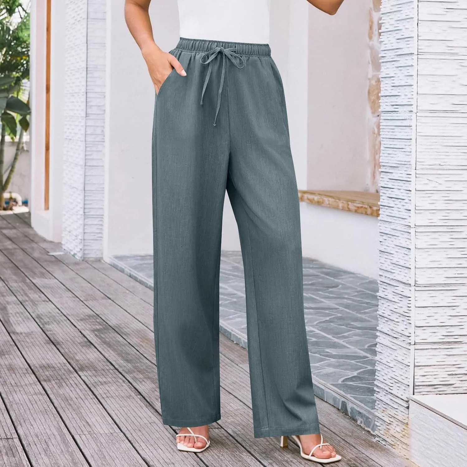 Elegant Linen Pants Women Summer 2025 Stylish Versatile Business Casual Wide Leg High Waisted Women's Trousers