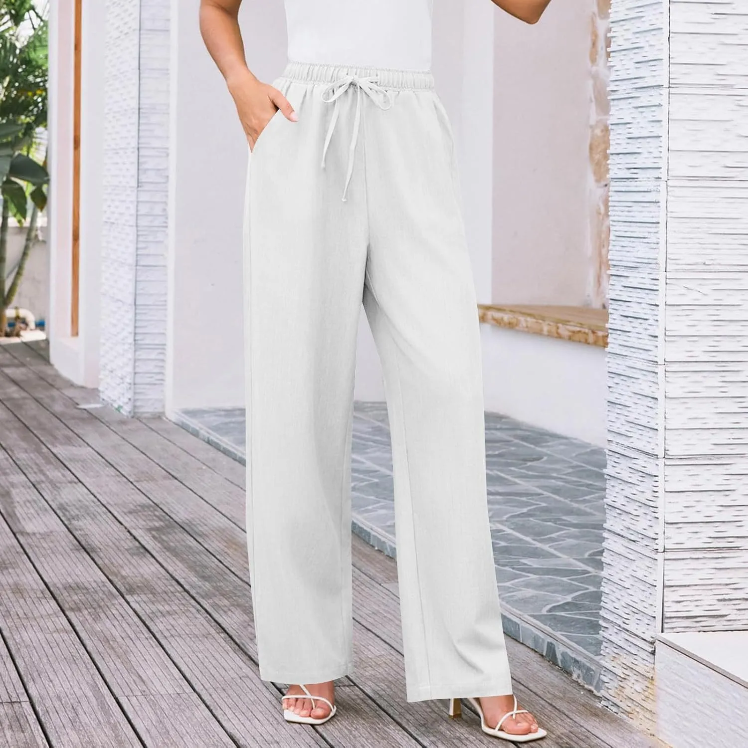 Elegant Linen Pants Women Summer 2025 Stylish Versatile Business Casual Wide Leg High Waisted Women's Trousers
