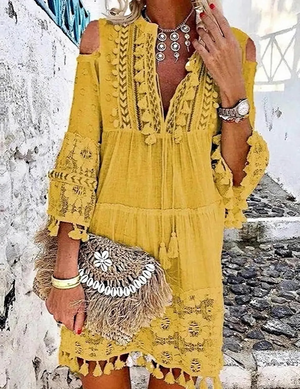 Embroidered Patchwork Fringe Dress for Women 2025 Boho Floral Lace Tassel Fringe V-Neck Plus Size Short Dresses