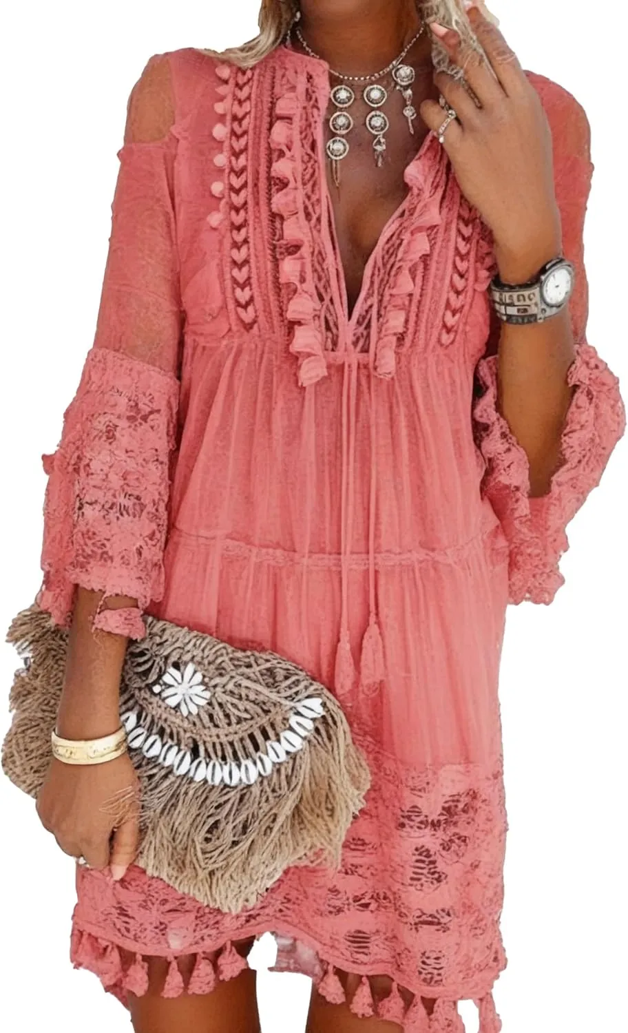 Embroidered Patchwork Fringe Dress for Women 2025 Boho Floral Lace Tassel Fringe V-Neck Plus Size Short Dresses