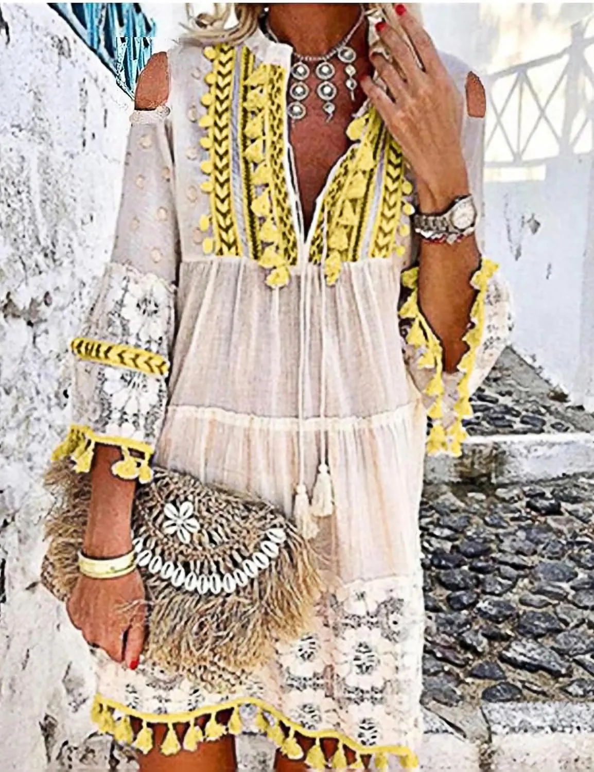 Embroidered Patchwork Fringe Dress for Women 2025 Boho Floral Lace Tassel Fringe V-Neck Plus Size Short Dresses