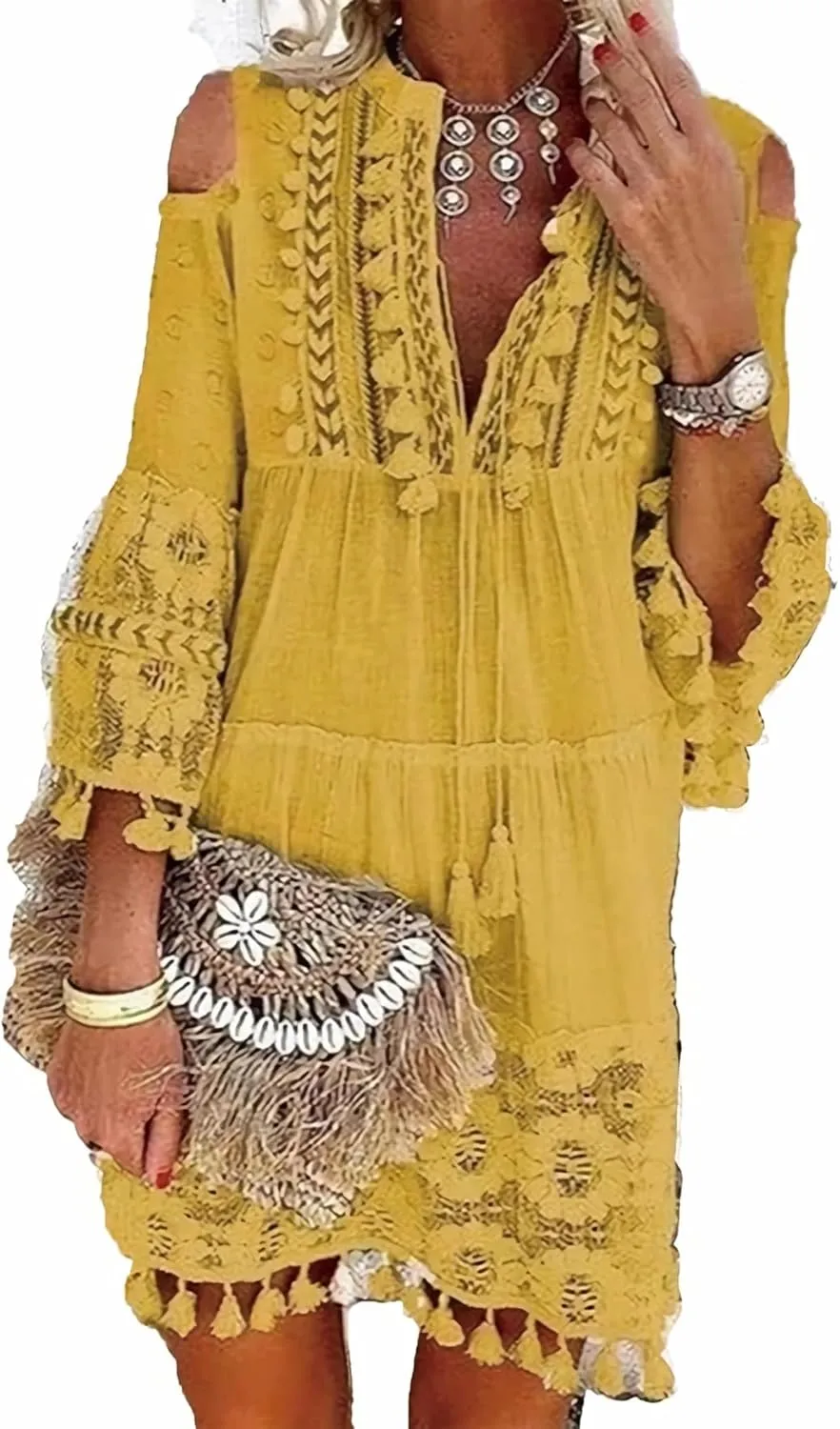 Embroidered Patchwork Fringe Dress for Women 2025 Boho Floral Lace Tassel Fringe V-Neck Plus Size Short Dresses