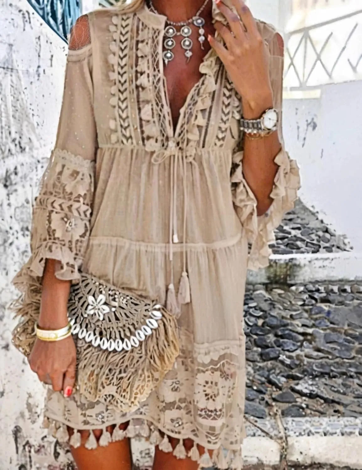 Embroidered Patchwork Fringe Dress for Women 2025 Boho Floral Lace Tassel Fringe V-Neck Plus Size Short Dresses