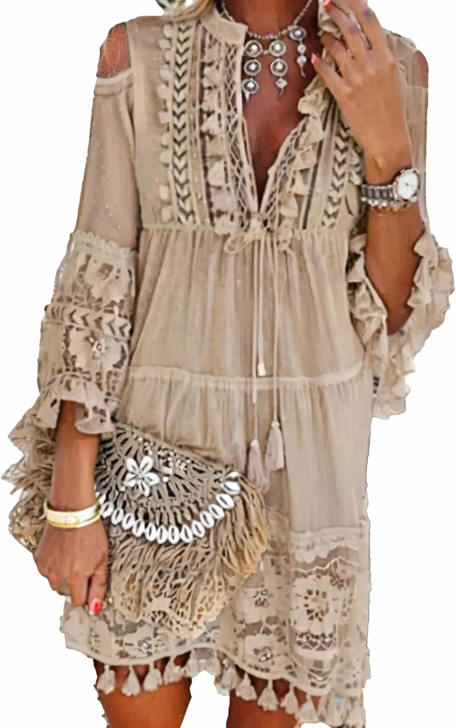 Embroidered Patchwork Fringe Dress for Women 2025 Boho Floral Lace Tassel Fringe V-Neck Plus Size Short Dresses