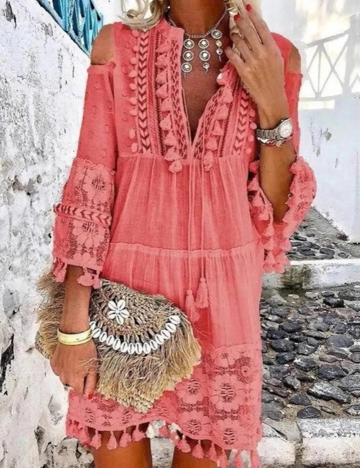 Embroidered Patchwork Fringe Dress for Women 2025 Boho Floral Lace Tassel Fringe V-Neck Plus Size Short Dresses