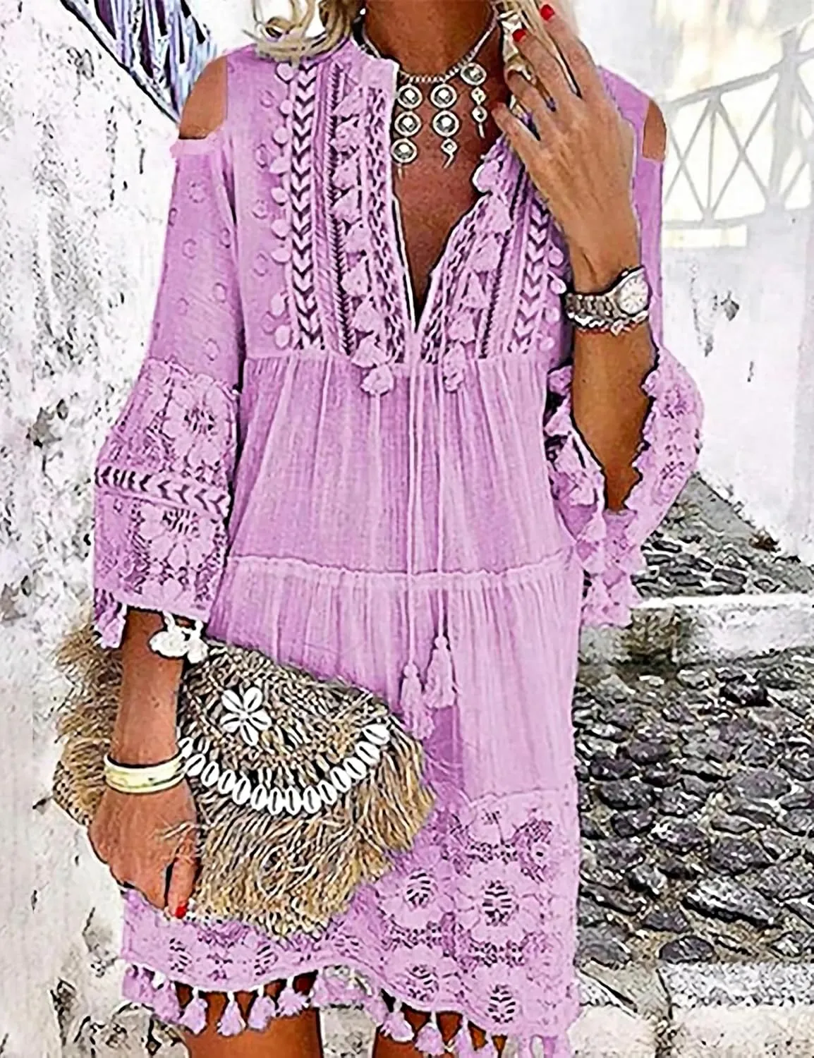 Embroidered Patchwork Fringe Dress for Women 2025 Boho Floral Lace Tassel Fringe V-Neck Plus Size Short Dresses