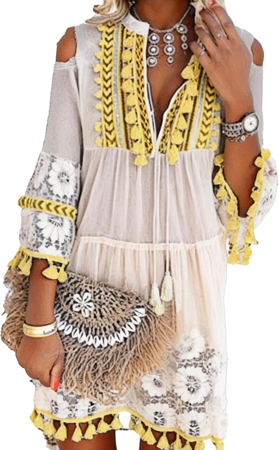 Embroidered Patchwork Fringe Dress for Women 2025 Boho Floral Lace Tassel Fringe V-Neck Plus Size Short Dresses