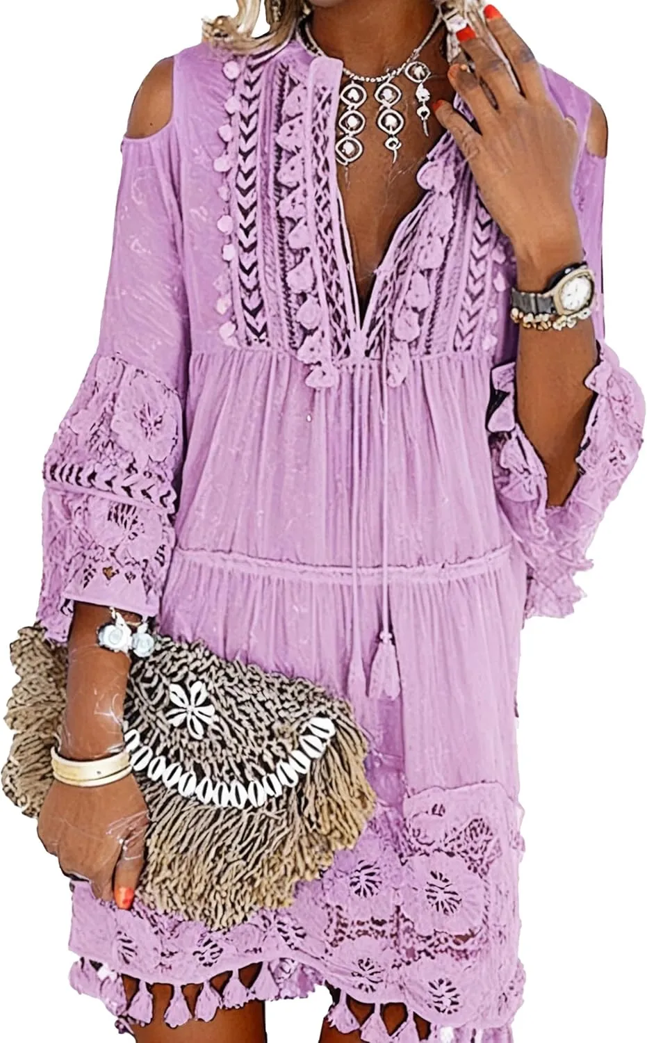 Embroidered Patchwork Fringe Dress for Women 2025 Boho Floral Lace Tassel Fringe V-Neck Plus Size Short Dresses