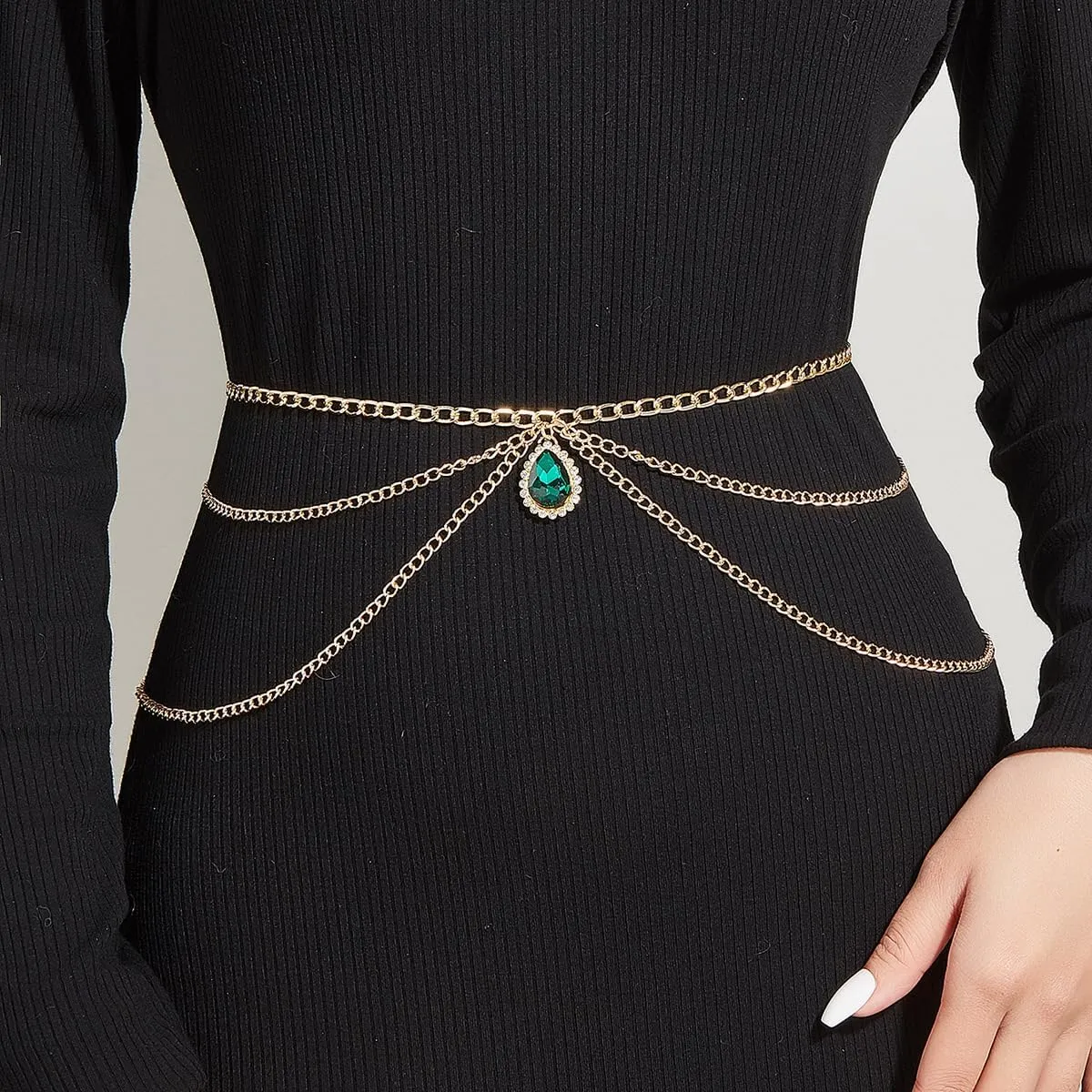 Emerald Crystal Charm Waist Chain Belt Bikini Belly Body Chains Waist Fashion Layered Cubic Zirconia Dangle Charms Belts Chains Adjustable Jewelry for Women