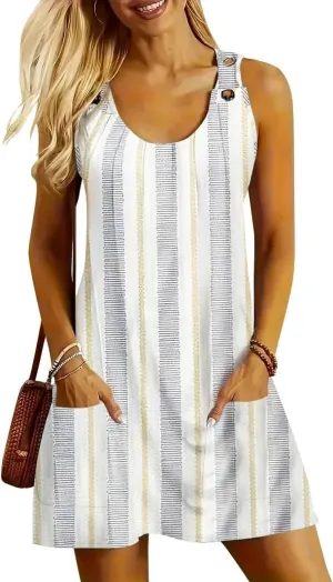 ETCYY NEW Womens Sleeveless Summer Dresses 2025 Cusual U Neck Sundresses Striped Printed Short Dress with Pocket