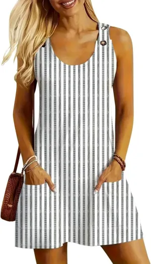 ETCYY NEW Womens Sleeveless Summer Dresses 2025 Cusual U Neck Sundresses Striped Printed Short Dress with Pocket