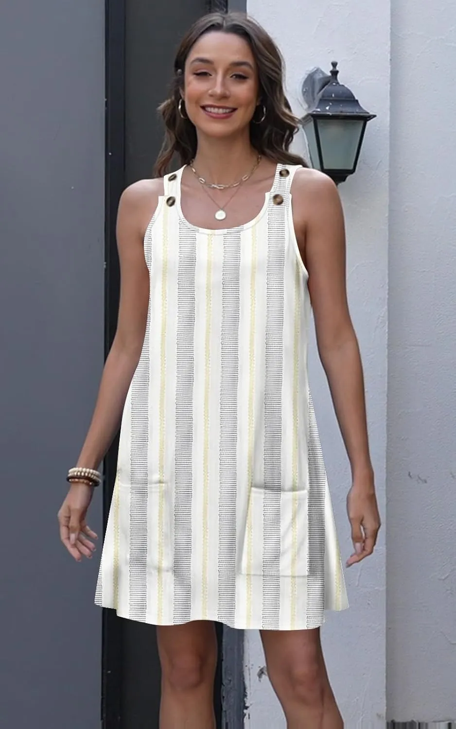 ETCYY NEW Womens Sleeveless Summer Dresses 2025 Cusual U Neck Sundresses Striped Printed Short Dress with Pocket