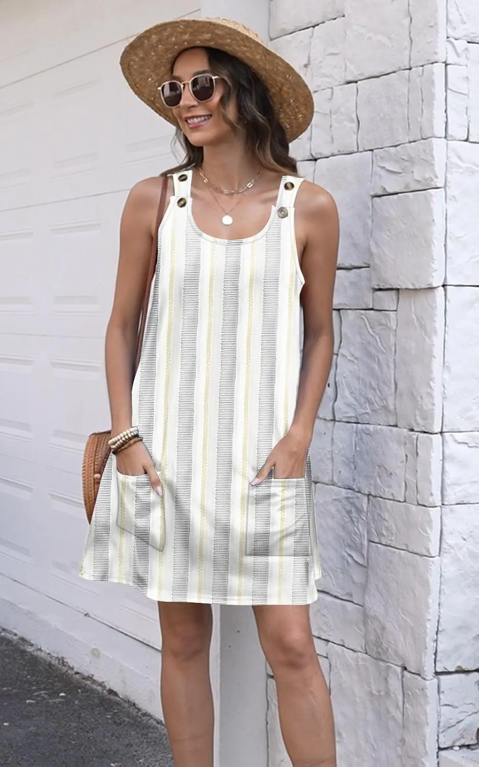 ETCYY NEW Womens Sleeveless Summer Dresses 2025 Cusual U Neck Sundresses Striped Printed Short Dress with Pocket