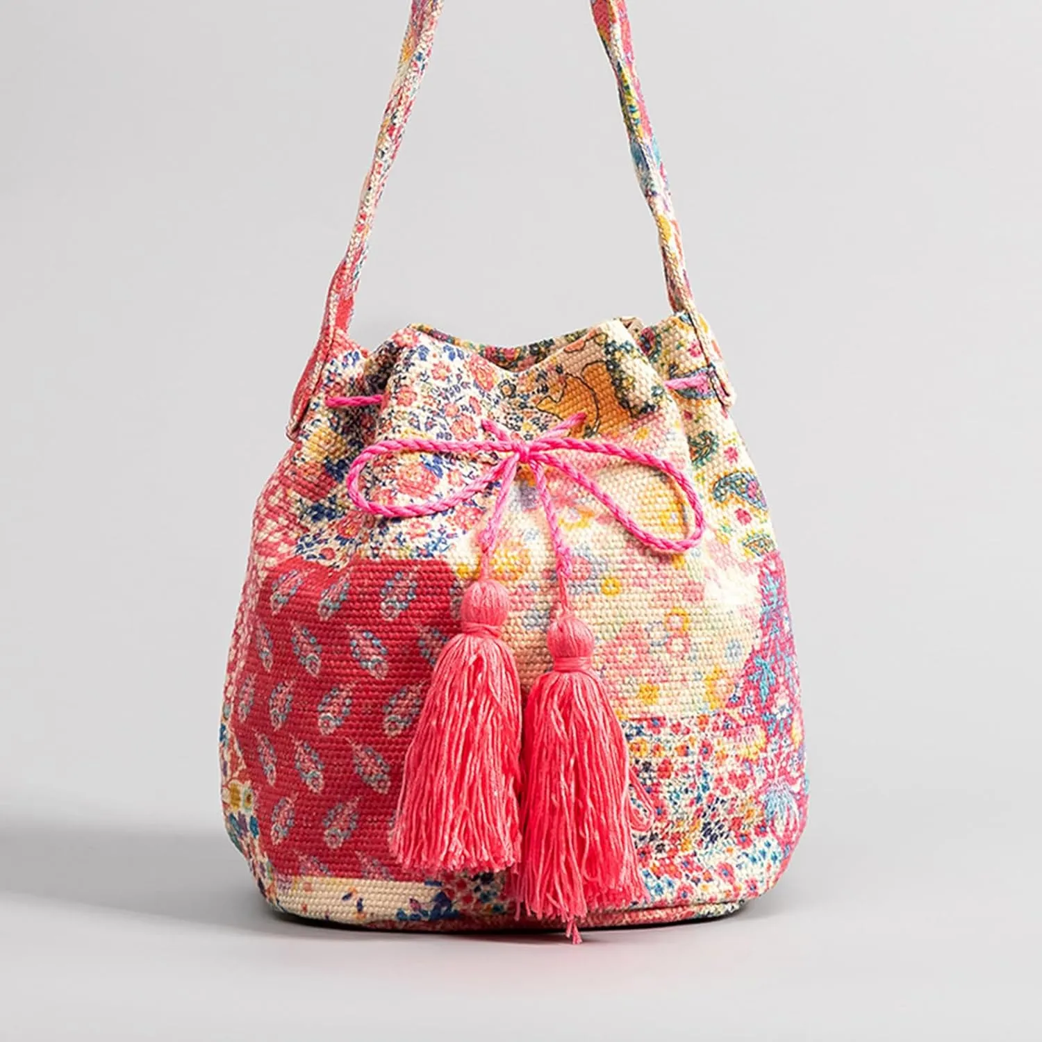 Ethnic Tote Bag for Women Canvas Handbag Bohemian Bucket Bag Retro Shoulder Crossbody Bag with Tassels