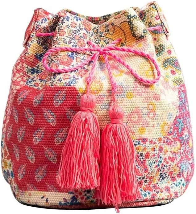 Ethnic Tote Handbag for Women Canvas Bohemian Shoulder Bag Bucket Retro Crossbody with Tassels Multicolor Hobo Drawstring