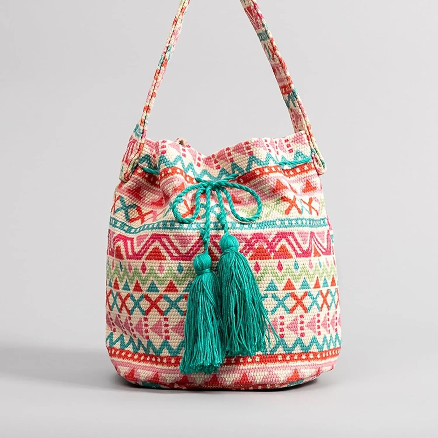 Ethnic Tote Handbag for Women Canvas Bohemian Shoulder Bag Bucket Retro Crossbody with Tassels Multicolor Hobo Drawstring