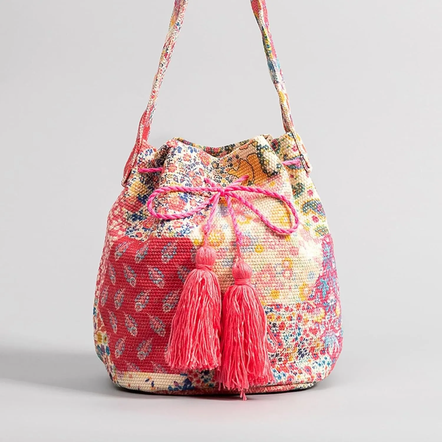 Ethnic Tote Handbag for Women Canvas Bohemian Shoulder Bag Bucket Retro Crossbody with Tassels Multicolor Hobo Drawstring