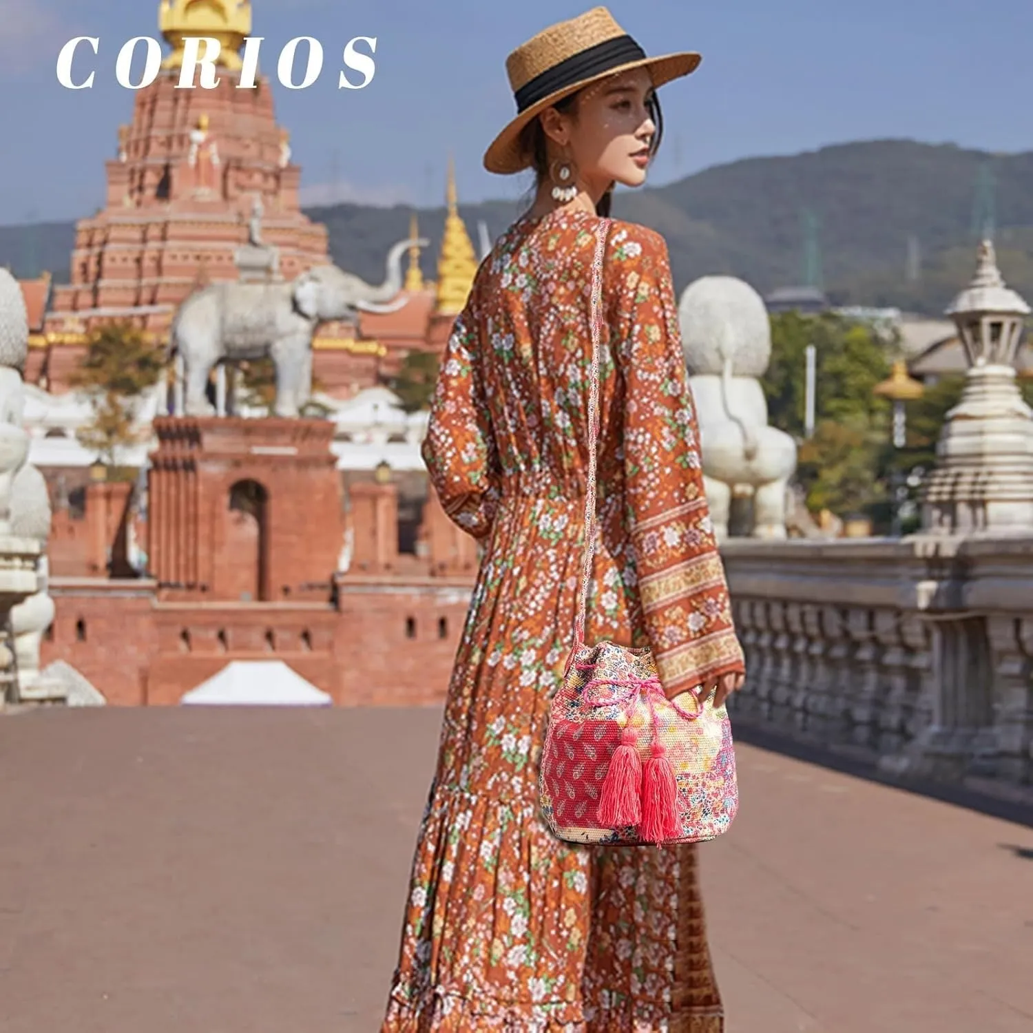 Ethnic Tote Handbag for Women Canvas Bohemian Shoulder Bag Bucket Retro Crossbody with Tassels Multicolor Hobo Drawstring