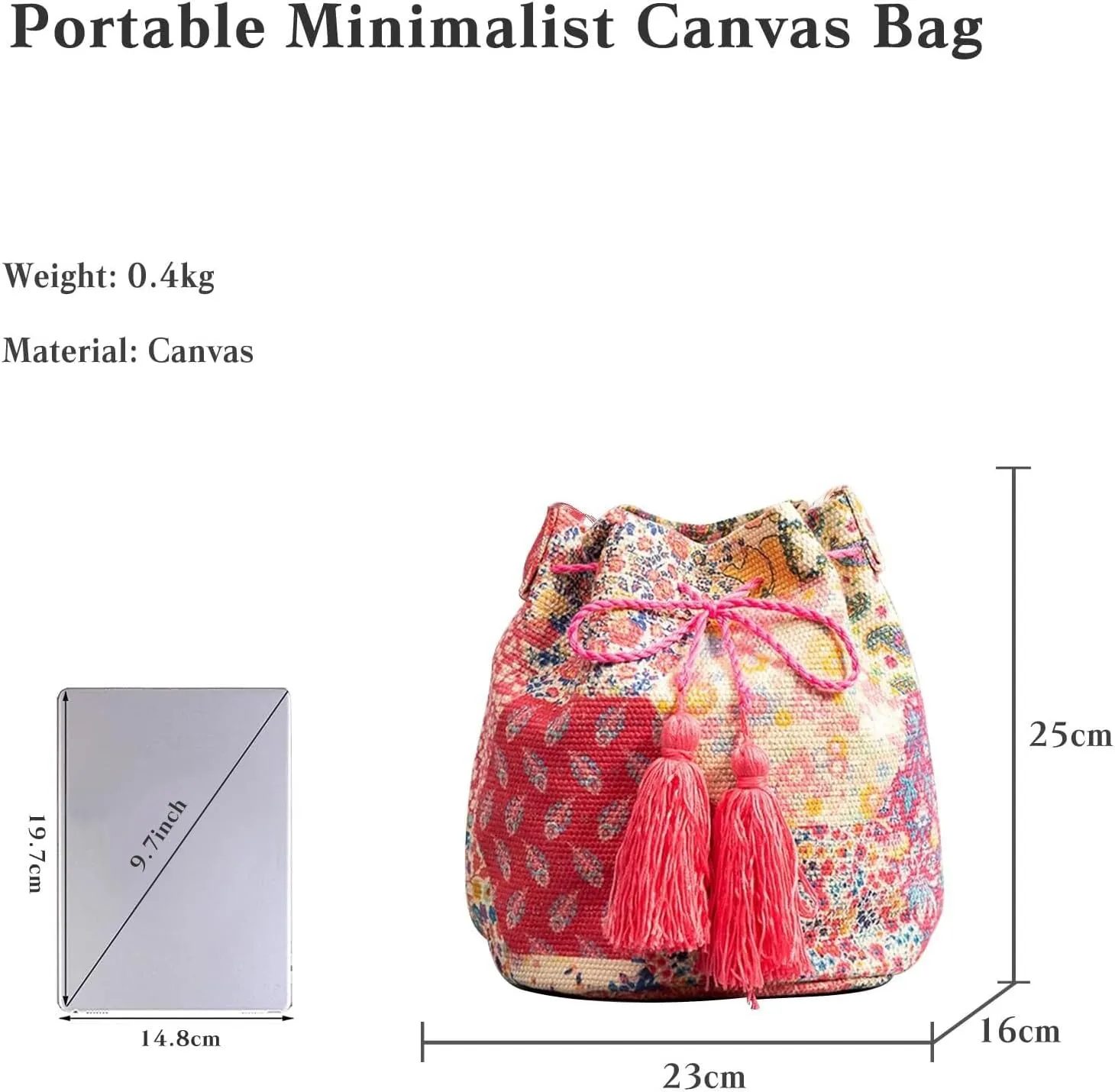 Ethnic Tote Handbag for Women Canvas Bohemian Shoulder Bag Bucket Retro Crossbody with Tassels Multicolor Hobo Drawstring