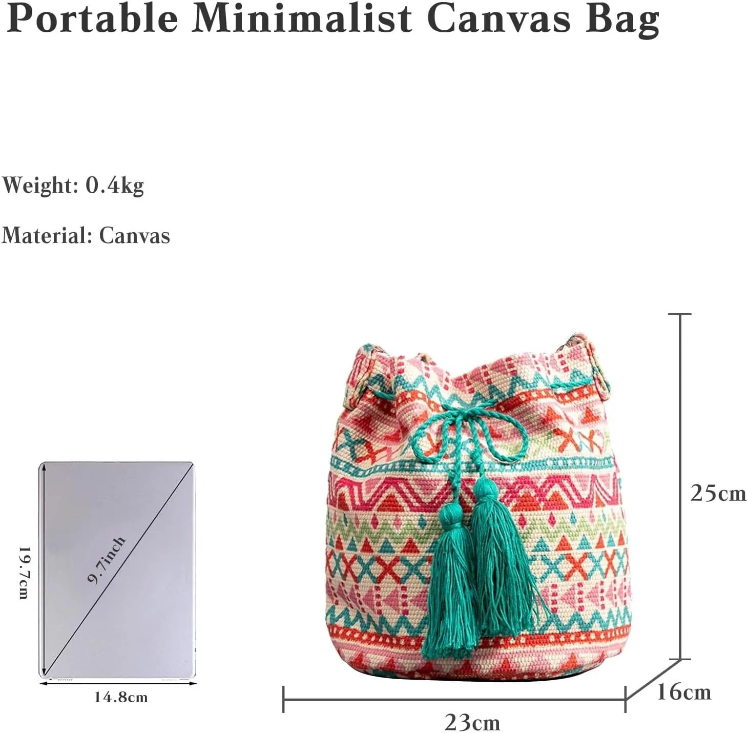 Ethnic Tote Handbag for Women Canvas Bohemian Shoulder Bag Bucket Retro Crossbody with Tassels Multicolor Hobo Drawstring