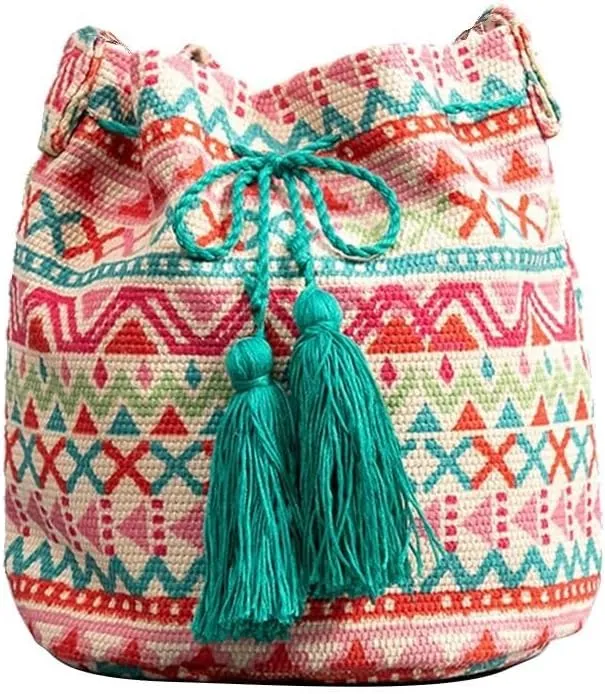 Ethnic Tote Handbag for Women Canvas Bohemian Shoulder Bag Bucket Retro Crossbody with Tassels Multicolor Hobo Drawstring