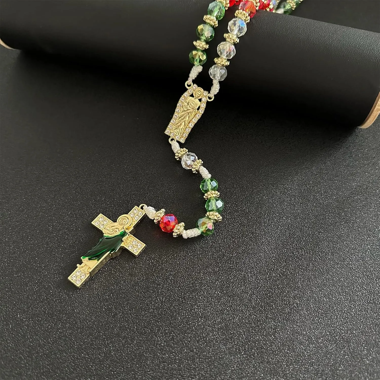 Exquisite Rosary Saint Jude Cross Pendant Mexican Necklace - Braided Cord Green Crystal beads Chain, Charm Accessories for Men and Women, Catholic St Jude Elegant Religious Jewelry Gift Idea