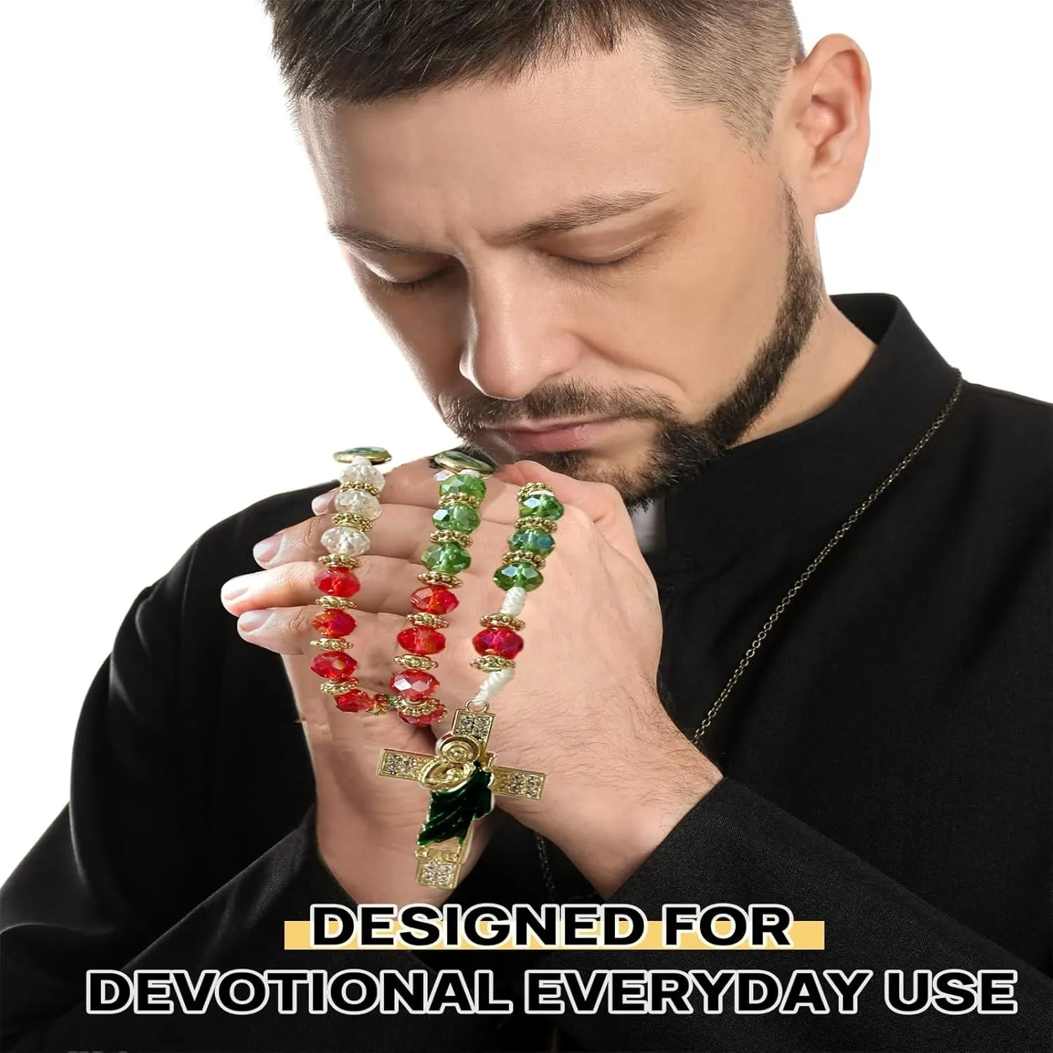 Exquisite Rosary Saint Jude Cross Pendant Mexican Necklace - Braided Cord Green Crystal beads Chain, Charm Accessories for Men and Women, Catholic St Jude Elegant Religious Jewelry Gift Idea