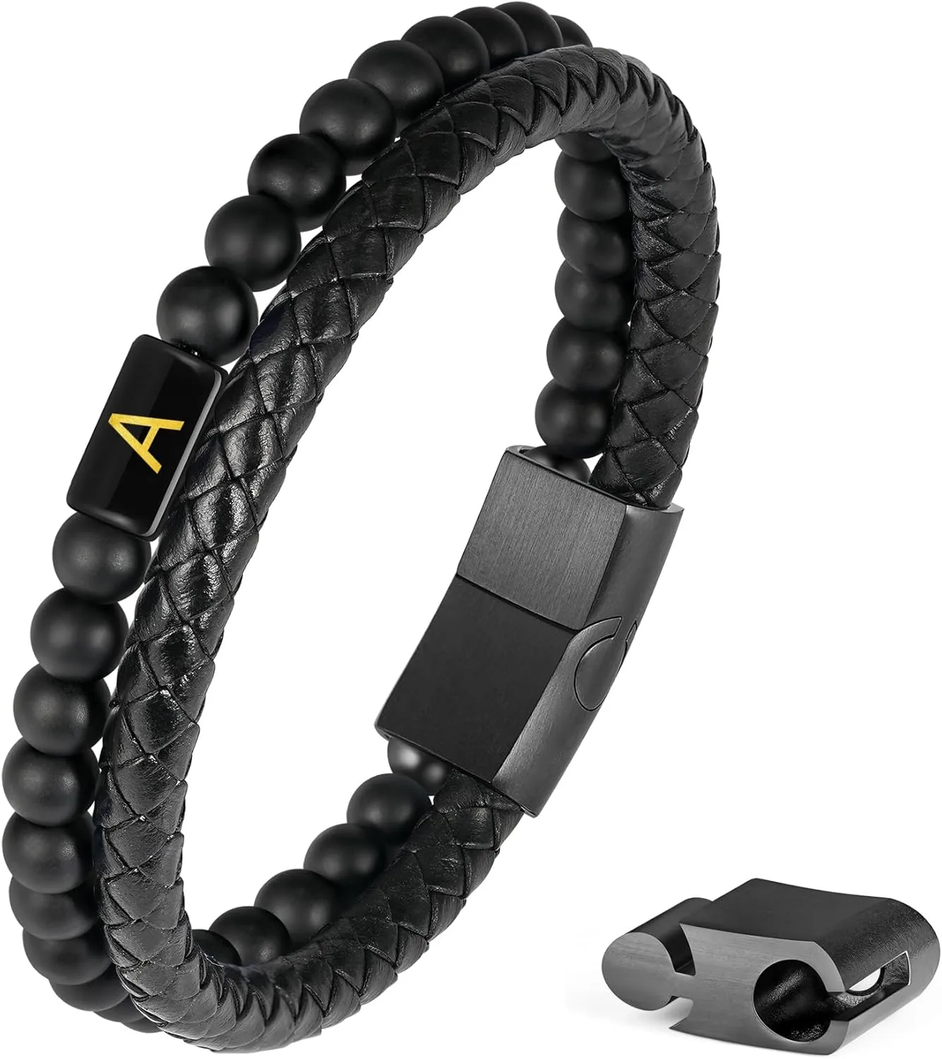 Father's Gifts for Dad Husband Mens Bracelet - Premium Genuine Leather Natural Lava Rock Matte Agate Adjustable Stainless Steel Magnetic Clasp Initial Bracelet, Unique Gifts for Men Husband Dad Son