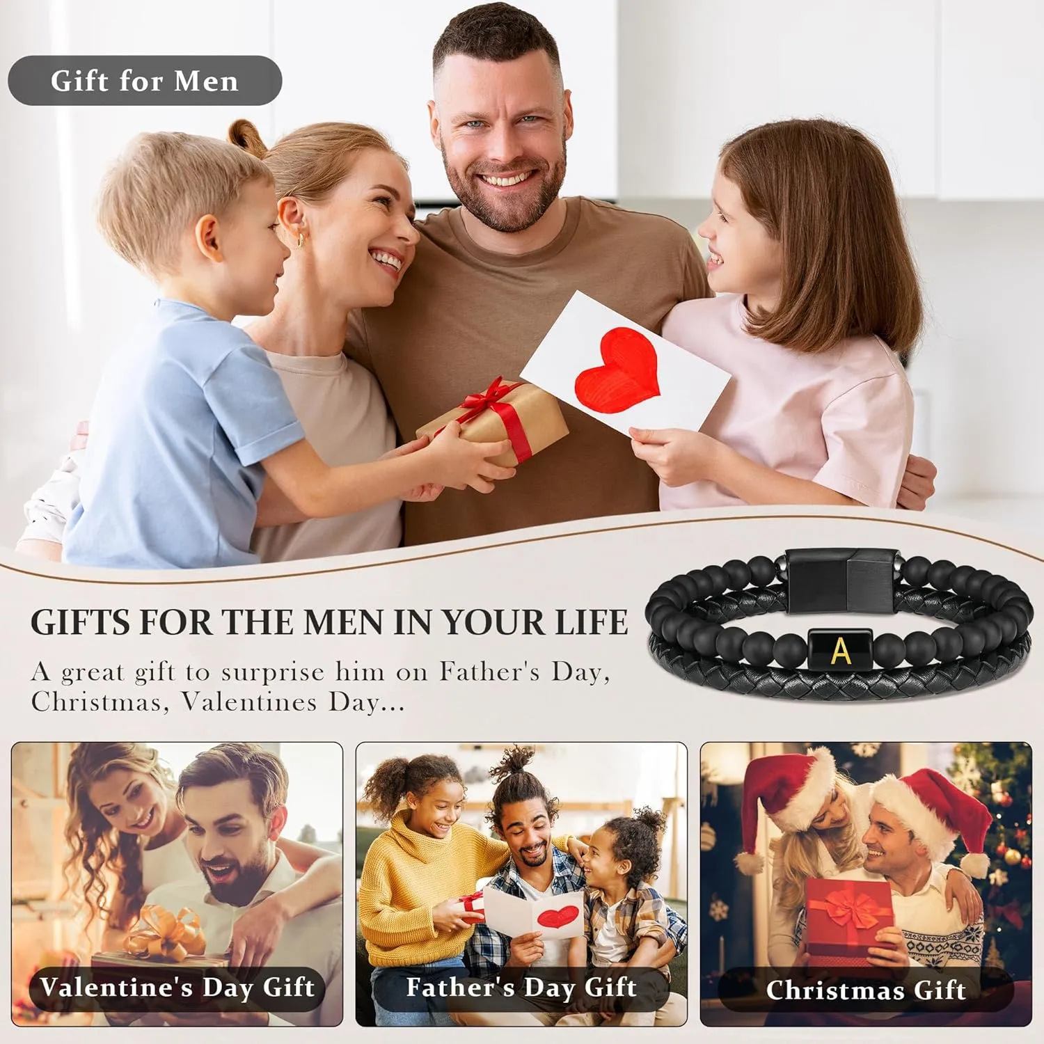 Father's Gifts for Dad Husband Mens Bracelet - Premium Genuine Leather Natural Lava Rock Matte Agate Adjustable Stainless Steel Magnetic Clasp Initial Bracelet, Unique Gifts for Men Husband Dad Son