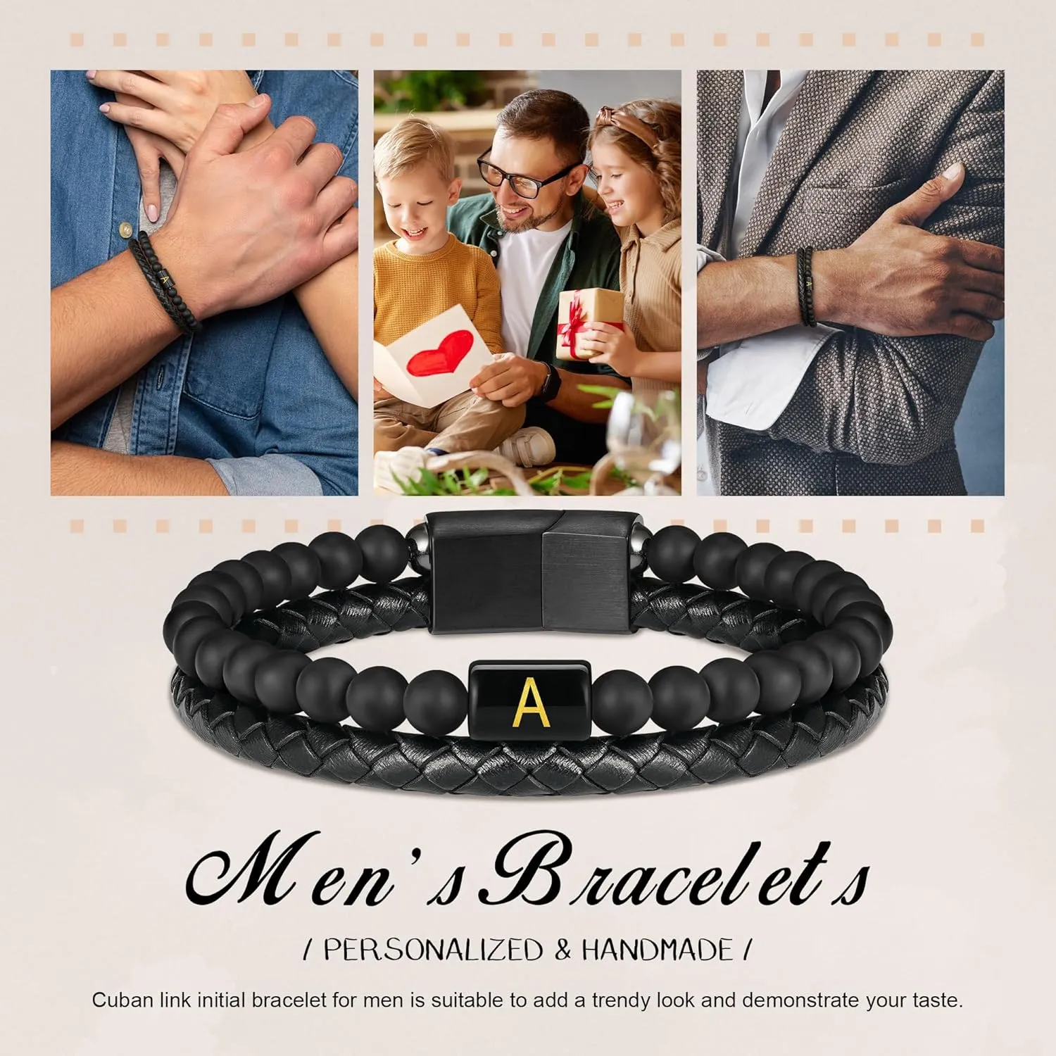 Father's Gifts for Dad Husband Mens Bracelet - Premium Genuine Leather Natural Lava Rock Matte Agate Adjustable Stainless Steel Magnetic Clasp Initial Bracelet, Unique Gifts for Men Husband Dad Son