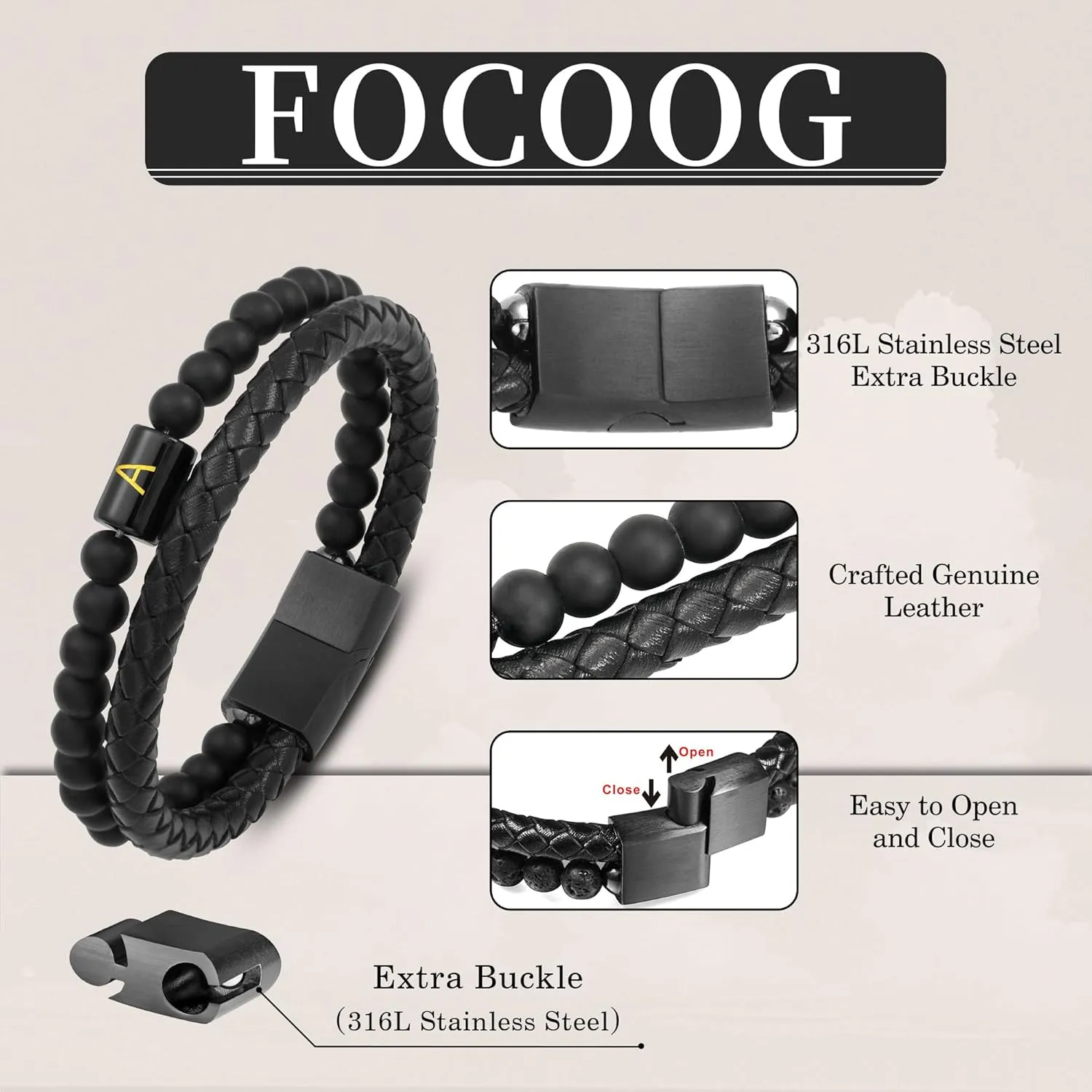 Father's Gifts for Dad Husband Mens Bracelet - Premium Genuine Leather Natural Lava Rock Matte Agate Adjustable Stainless Steel Magnetic Clasp Initial Bracelet, Unique Gifts for Men Husband Dad Son