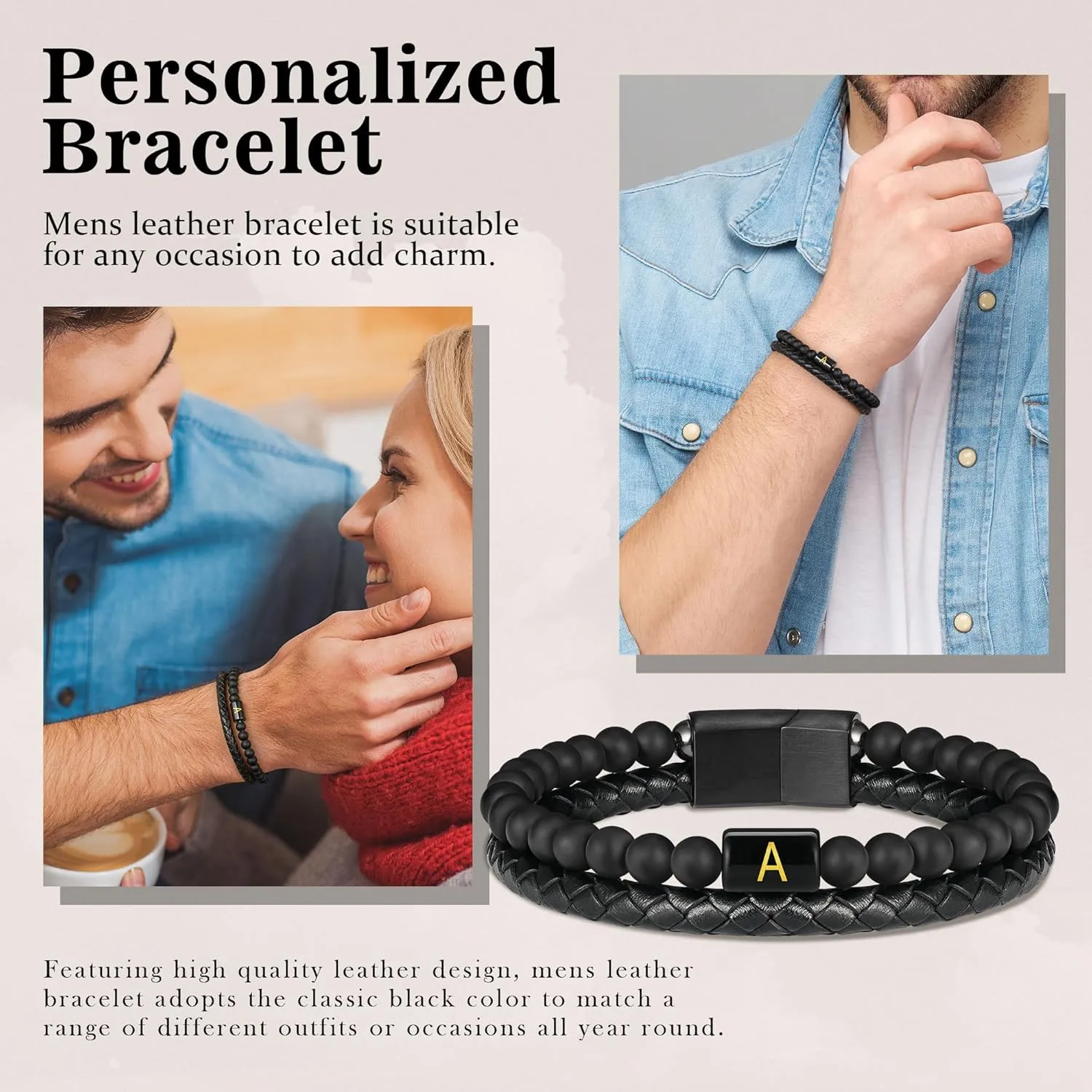 Father's Gifts for Dad Husband Mens Bracelet - Premium Genuine Leather Natural Lava Rock Matte Agate Adjustable Stainless Steel Magnetic Clasp Initial Bracelet, Unique Gifts for Men Husband Dad Son