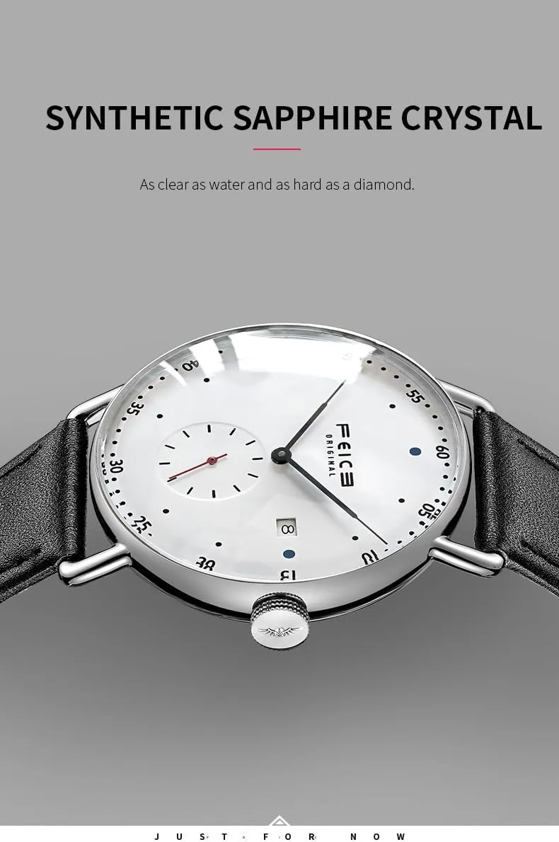 FEICE New Men's Automatic Watch Unisex Classic Minimalistic Mechanical Watch Curved Mirror Waterproof Casual Dress Watches with Leather Bands -FM506