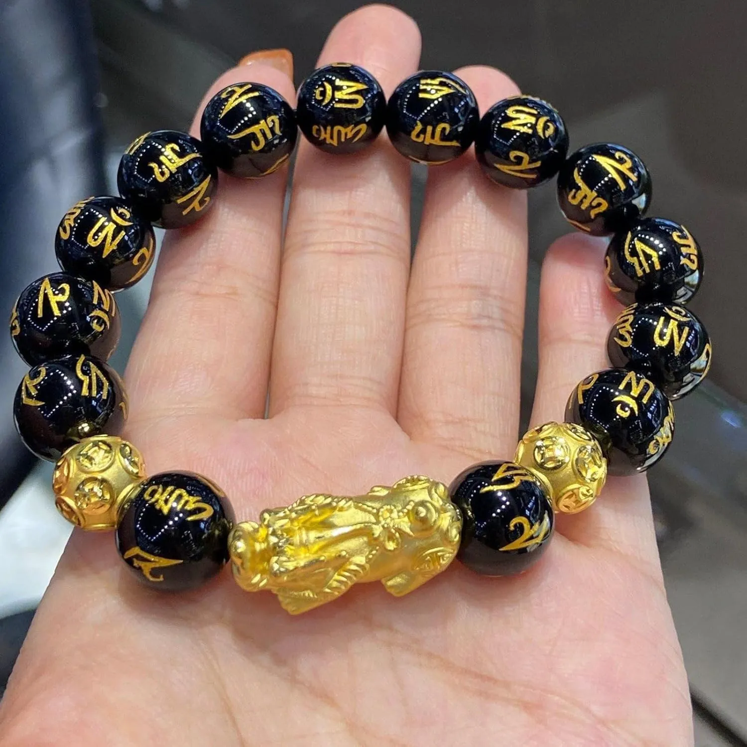 FengShui Bracelet for Men Women Wealth Good Luck Pixiu Bracelet Black Obsidian Buddha Bead Bracelet Elastic Buddha Dragon Mantra Bracelet Prosperity Protection Jewelry