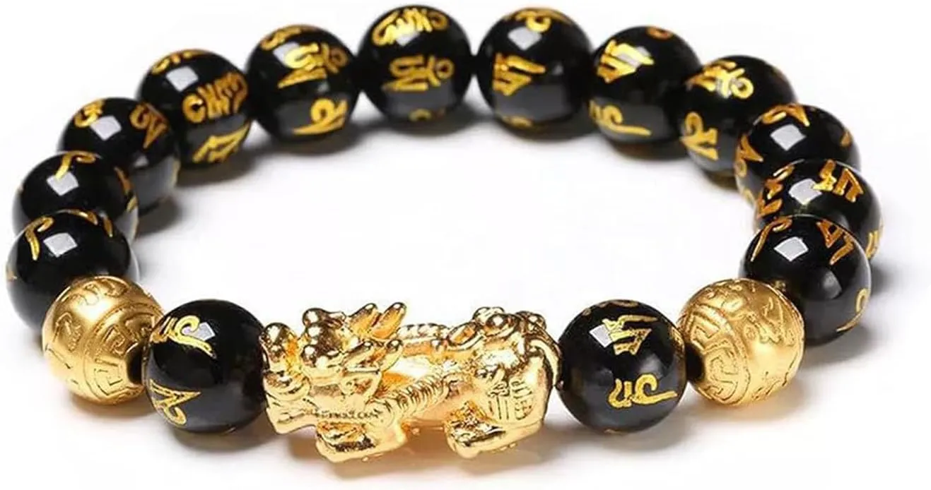 FengShui Bracelet for Men Women Wealth Good Luck Pixiu Bracelet Black Obsidian Buddha Bead Bracelet Elastic Buddha Dragon Mantra Bracelet Prosperity Protection Jewelry