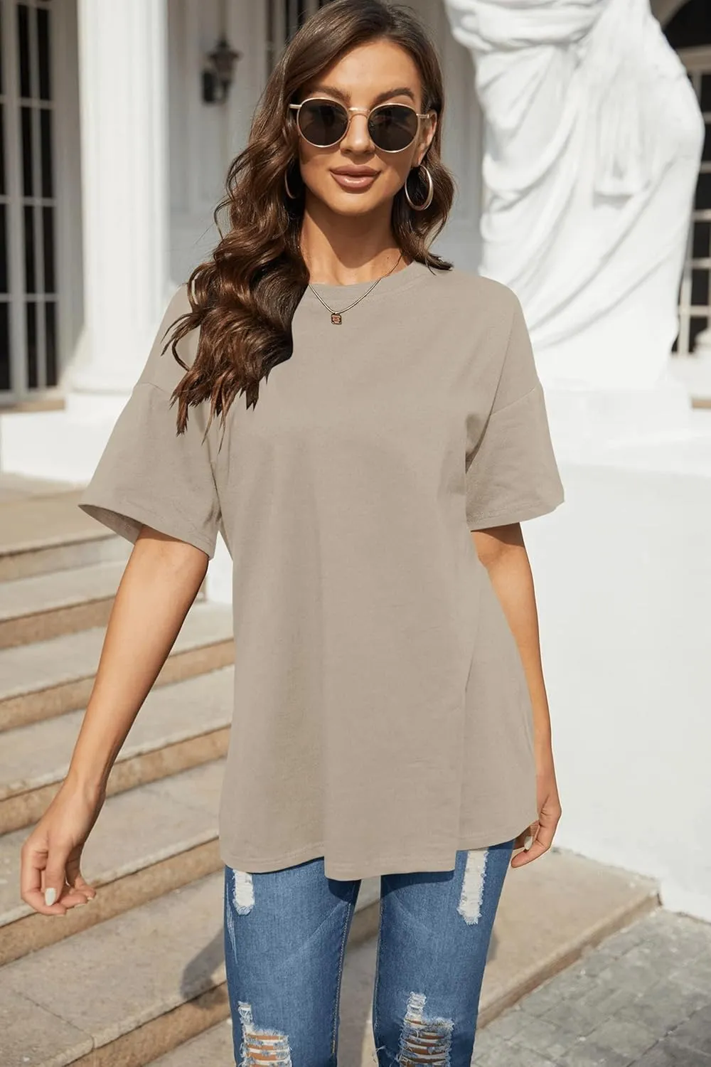 Fisoew Women's Oversized T Shirts Tees Half Sleeve Crew Neck Cotton Tunic Tops